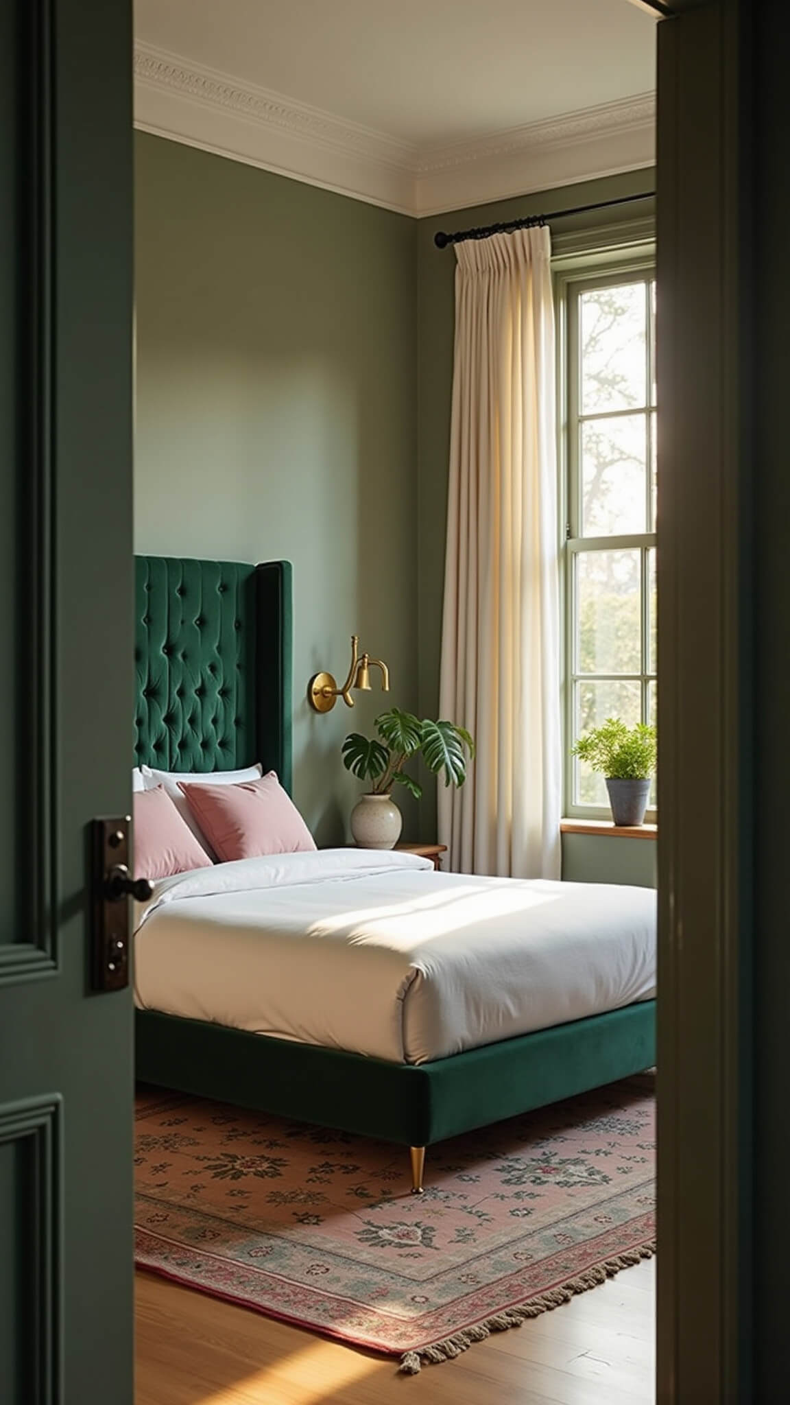 Spacious bedroom with emerald velvet headboard, white linens, blush accents, sage green walls, brass nightstands, and golden hour light through floor-to-ceiling windows.