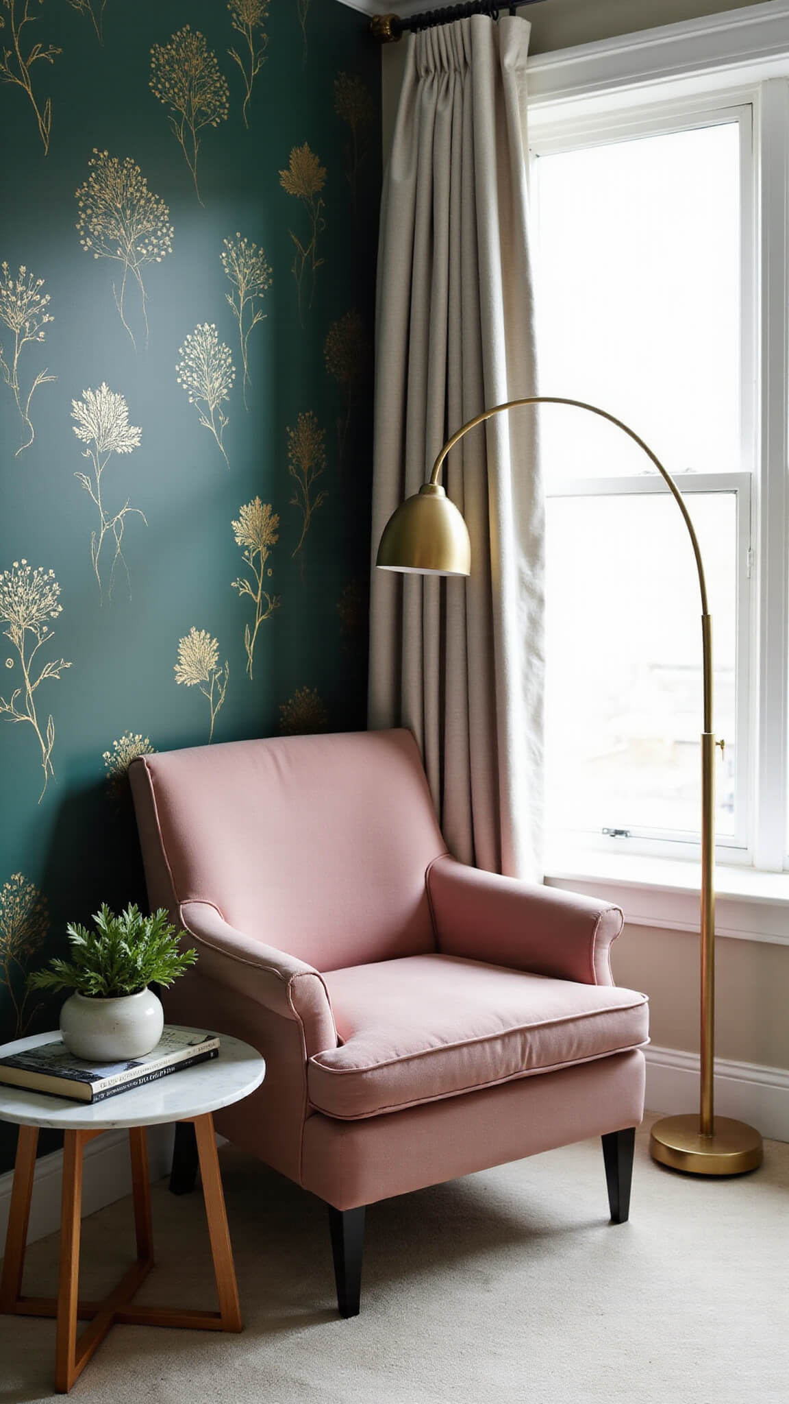 Cozy reading nook in a master bedroom with a dusty rose chair, forest green botanical wallpaper, brass floor lamp, and marble side table with eucalyptus under soft mid-morning light.