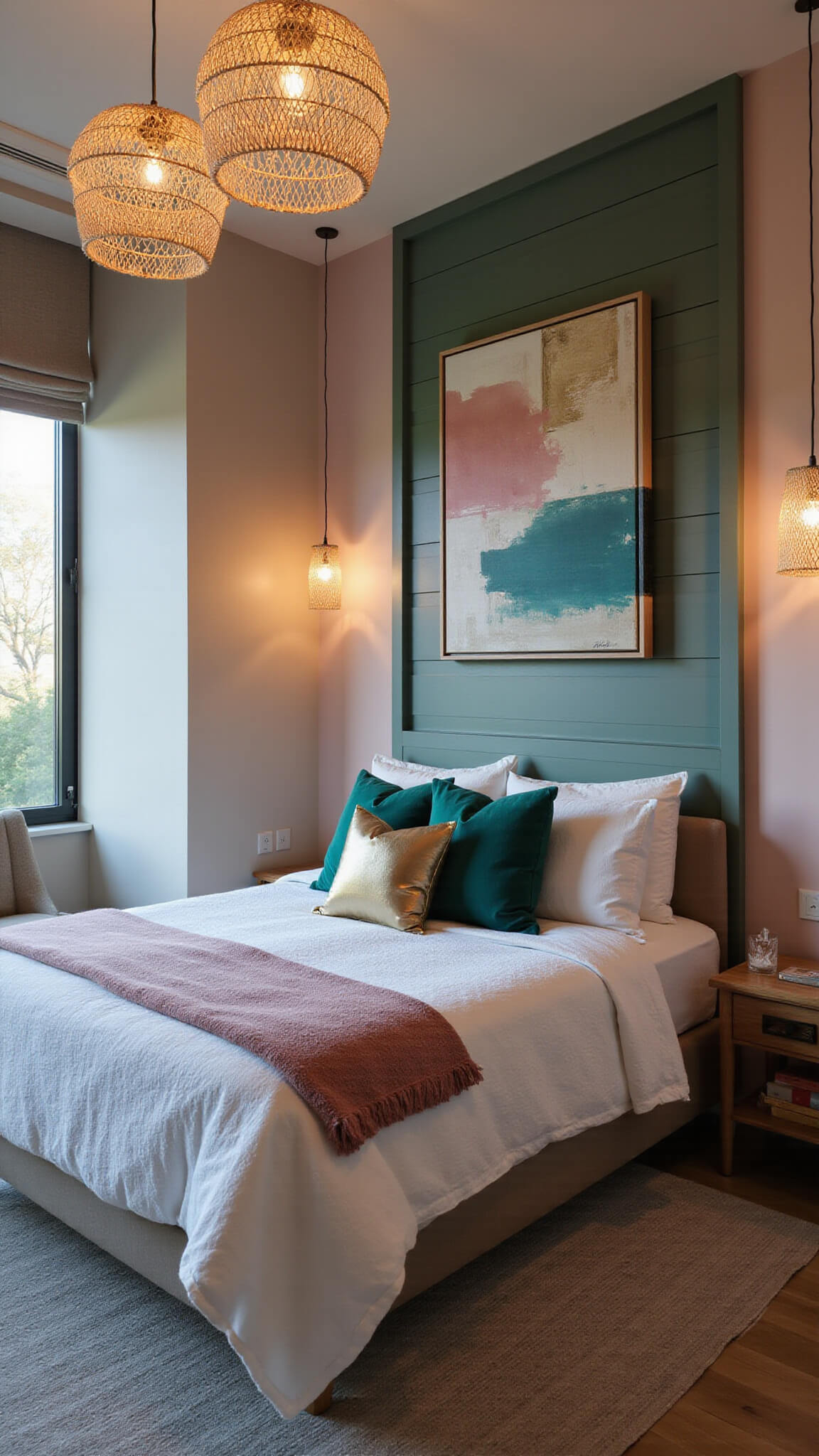 Modern 16x18ft bedroom at blue hour with sage green shiplap statement wall, blush pink accents, king bed with emerald and rose quartz pillows, abstract artwork above, and warm woven pendant lighting.