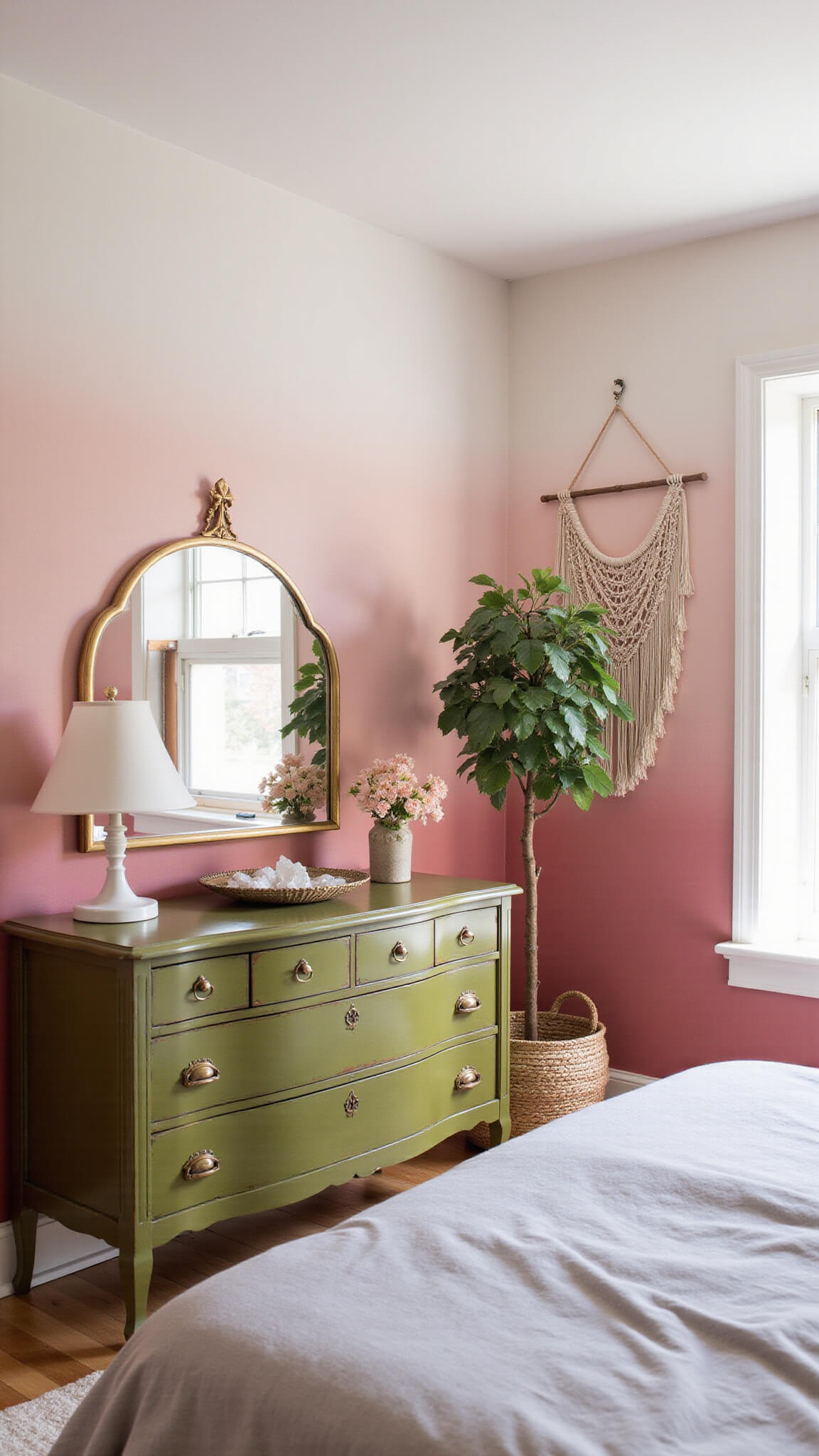 Brightly lit bedroom with pink ombré accent wall, vintage olive green dresser, brass mirrors, macramé, fiddle leaf fig tree, and white oak floors.