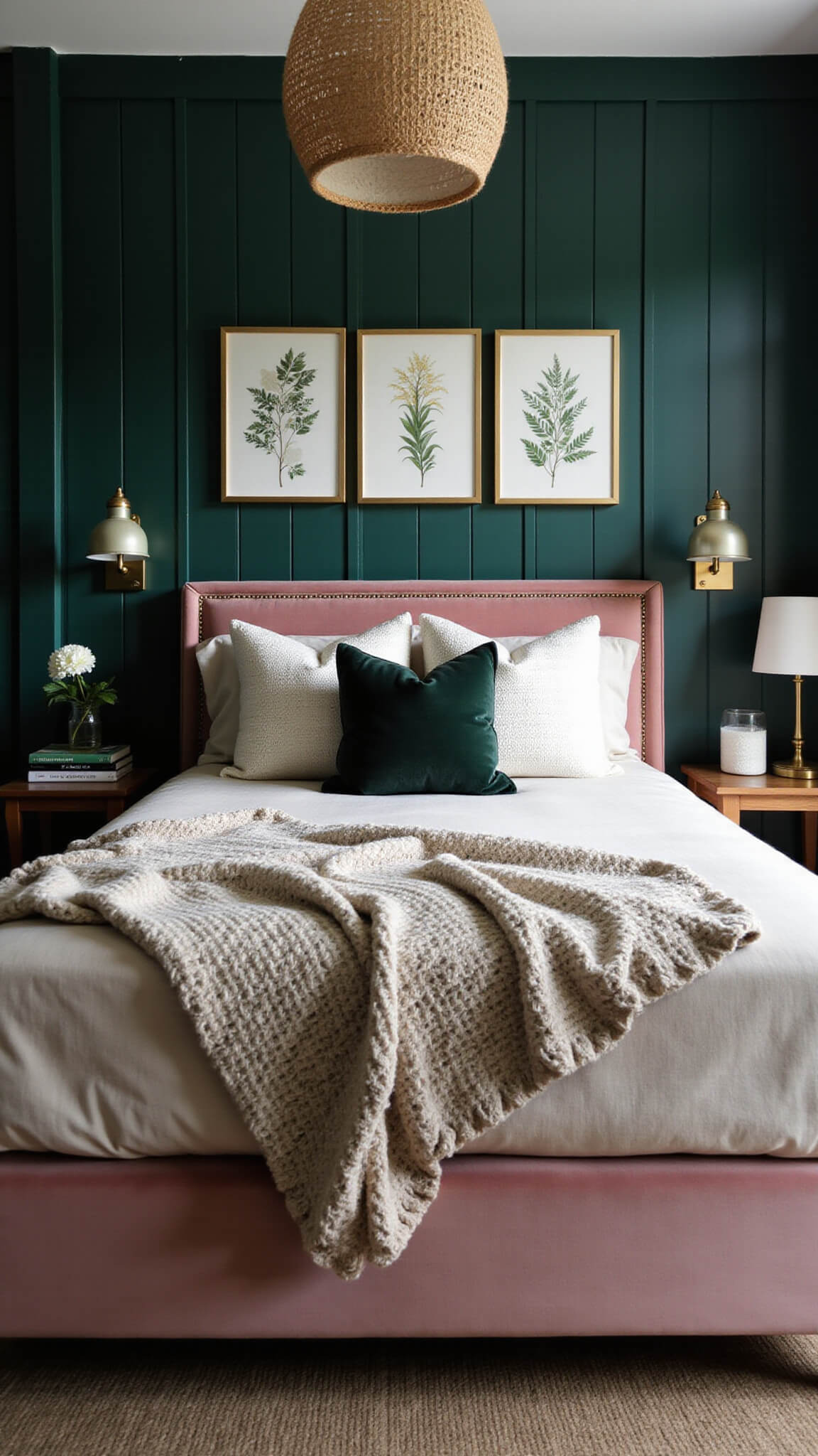 Moody dusk-lit bedroom with dark emerald walls, blush pink velvet bed, layered pillows, knit throw, rattan pendant lighting, and gold-framed botanical gallery wall.