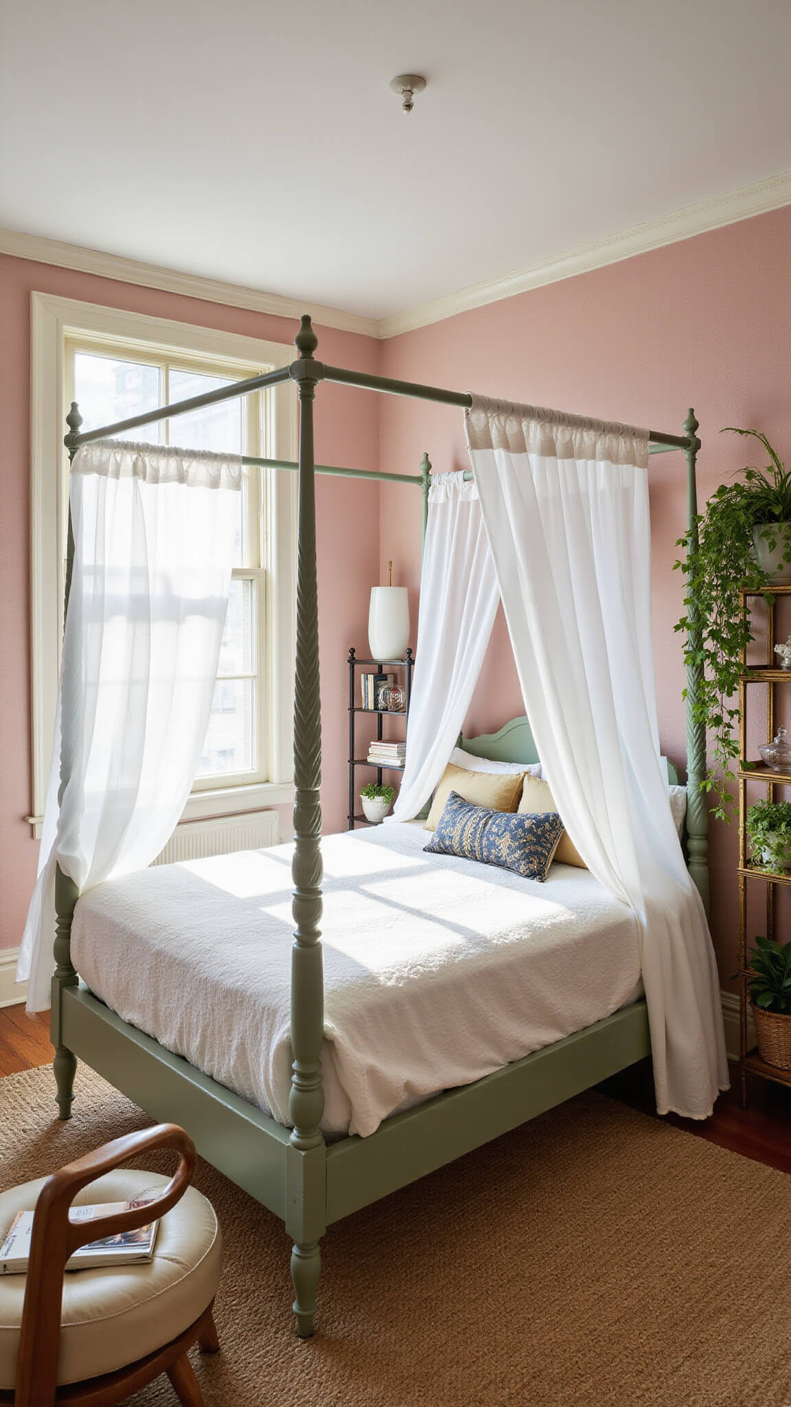 Bird's eye view of sunlit bedroom with sage green canopy bed, blush pink wallpaper, vintage rug, brass shelving, and soft morning shadows.