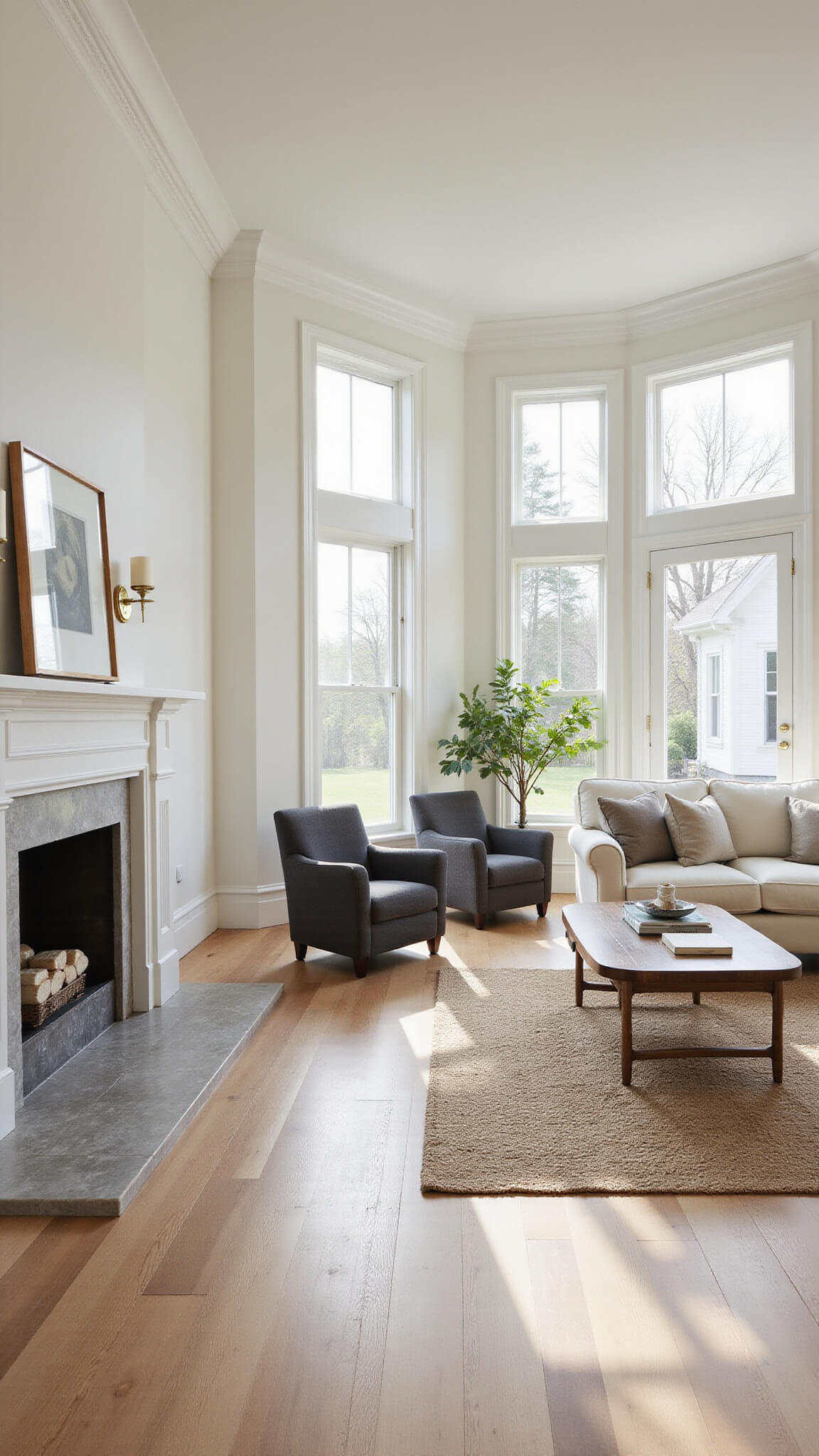 Transitional living room with cream sofa, charcoal chairs, white oak floors, marble fireplace, and sunlight streaming through tall windows.