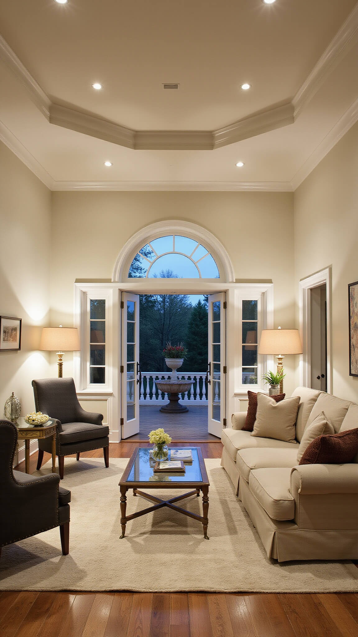 Transitional living room at dusk with French doors, tray ceiling, neutral-toned furniture, antique brass and glass coffee table, and layered lighting.