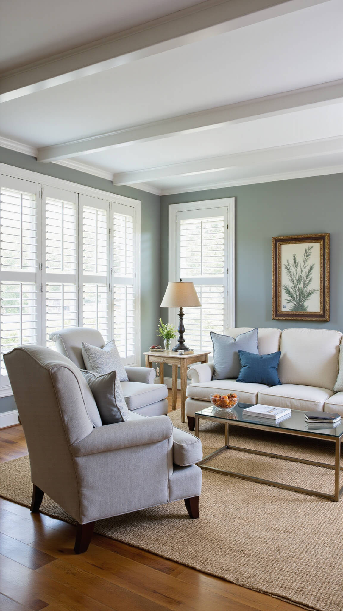 Transitional sitting room bathed in morning light with beamed ceiling, plantation shutters, neutral furnishings, and layered rugs.