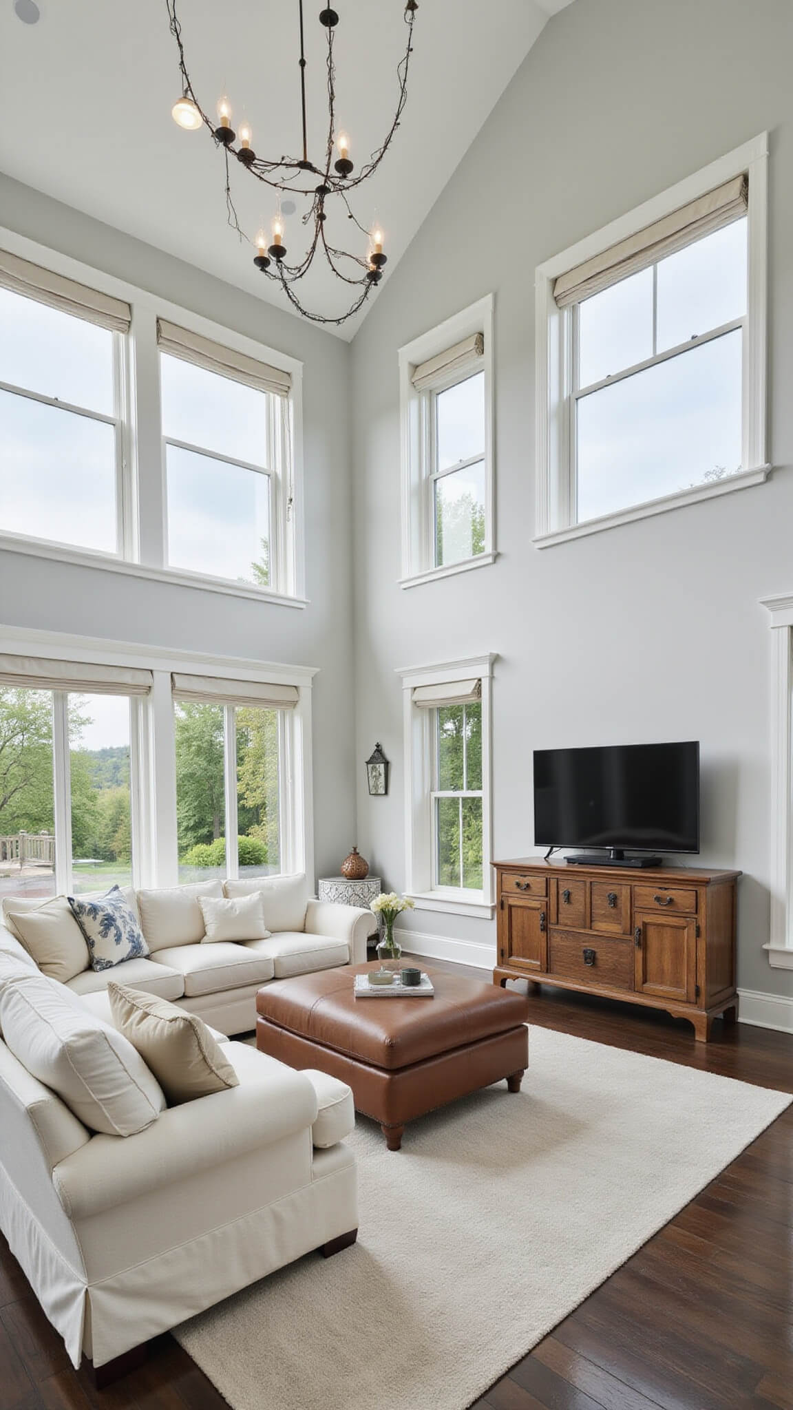View from mezzanine of bright 22x26ft great room with two-story windows, ivory roll arm sectional, leather ottoman, antique media chest, and modern chandelier under cathedral ceiling.
