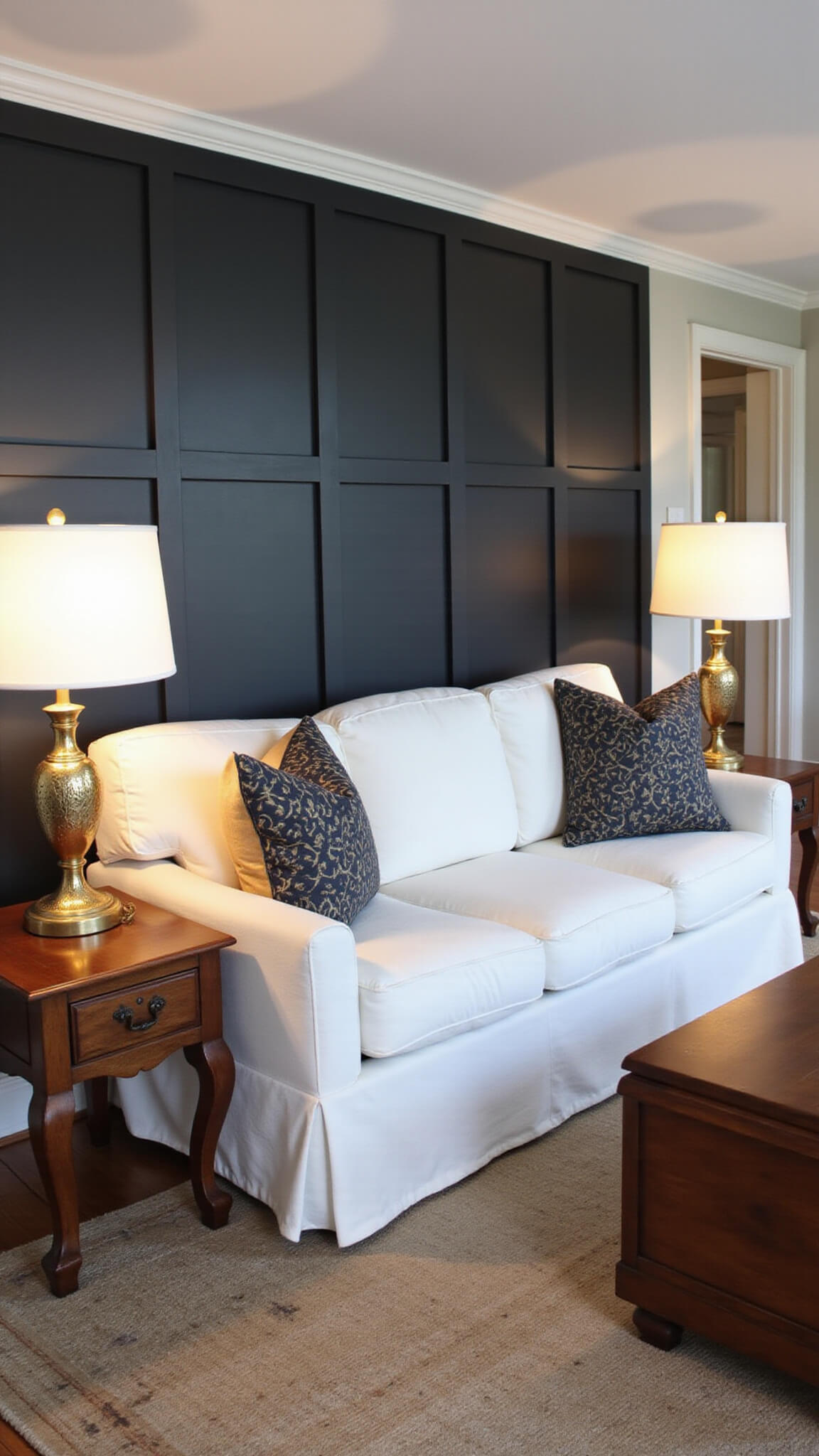 Low-angle view of a transitional family room at dusk with charcoal paneled accent wall, white slipcovered sofa, brass library lamps, carved wood side tables, layered jute and vintage Oushak rug, and warm atmospheric lighting.