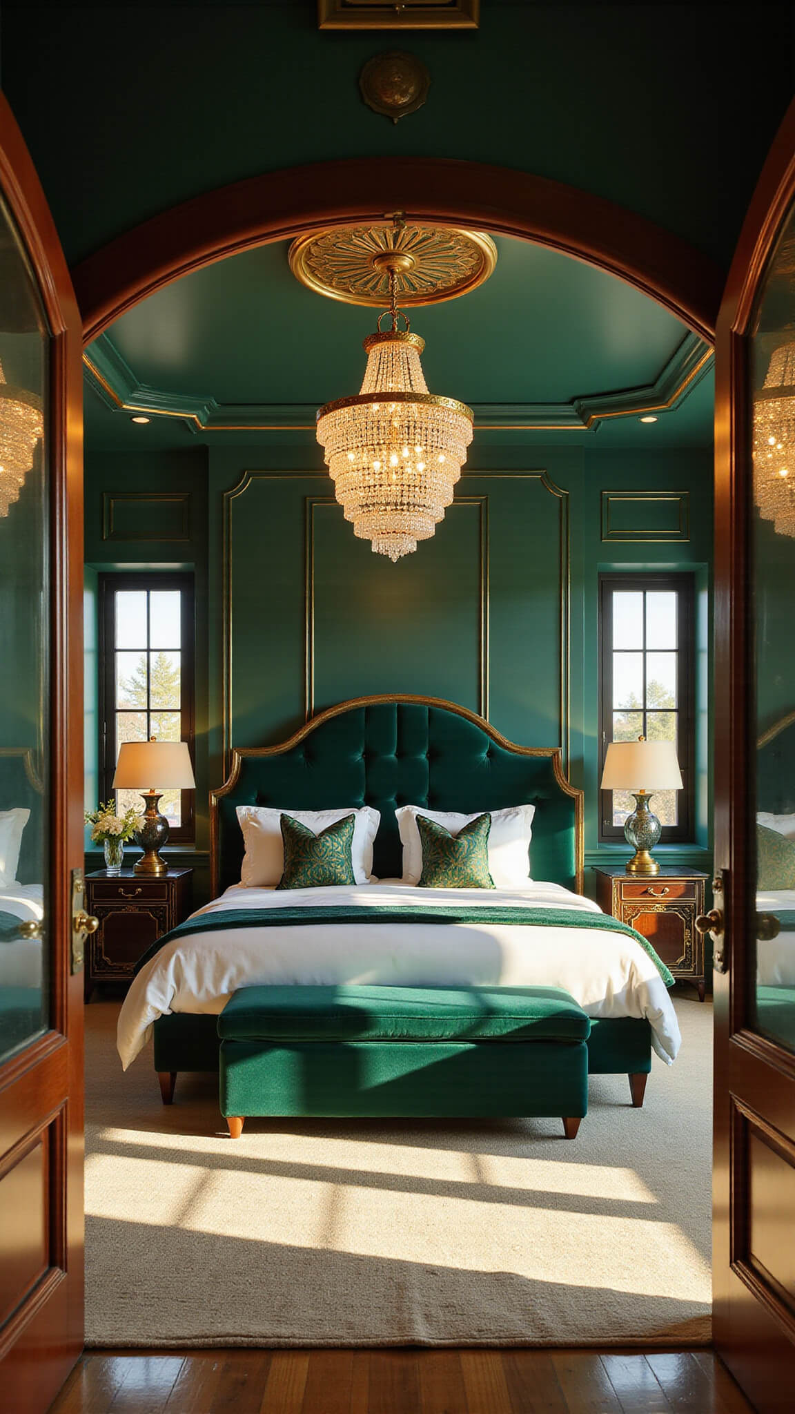 Luxurious Art Deco master bedroom with emerald green walls, gold accents, velvet king bed, crystal chandelier, and marble fireplace, bathed in golden hour light.