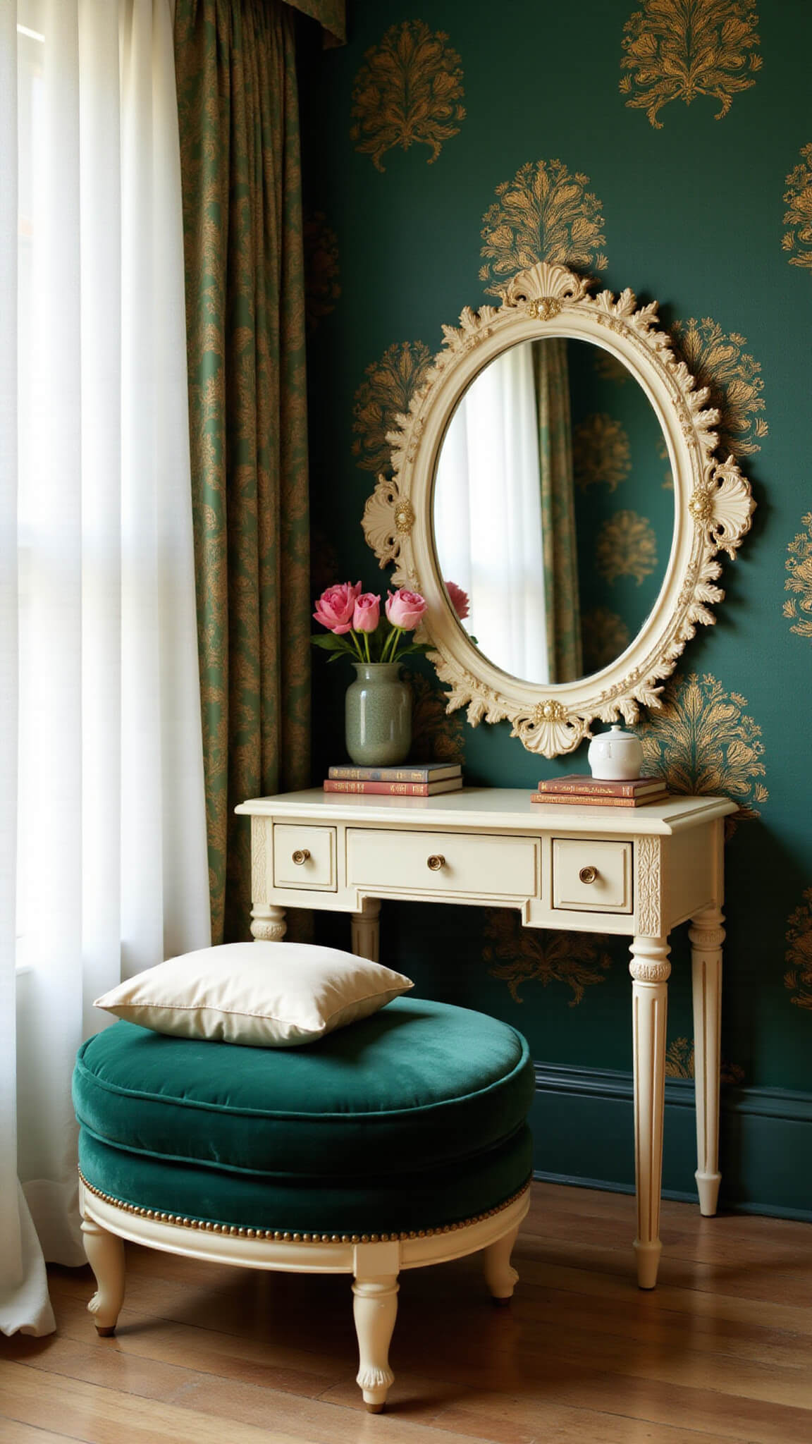 Art Deco vanity nook with emerald wallpaper, gold accents, cream vanity, sunburst mirror, and velvet stool in soft morning light.