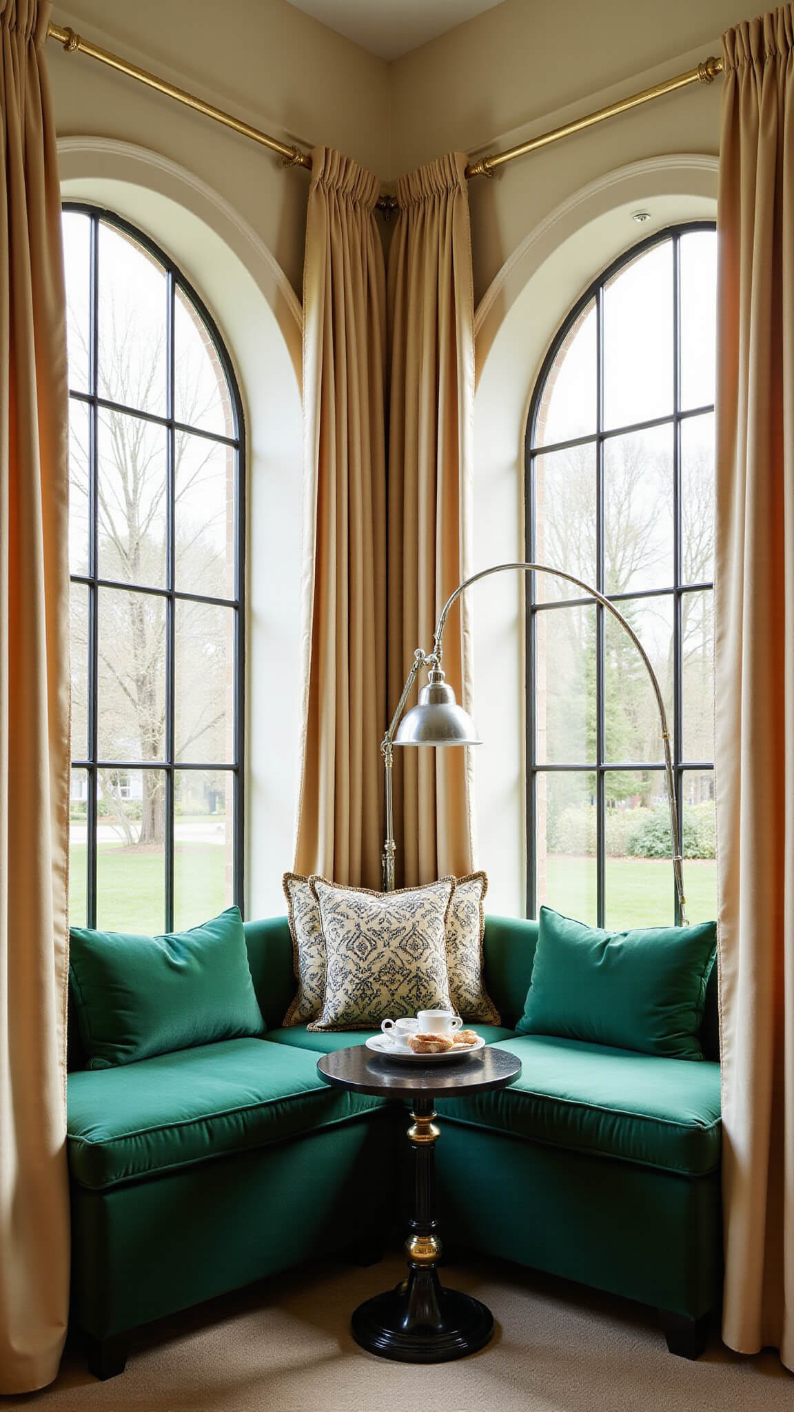 Art Deco bay window with emerald velvet seat, champagne satin drapes, geometric cushions, black and gold side table, and chrome reading lamp in soft afternoon light.