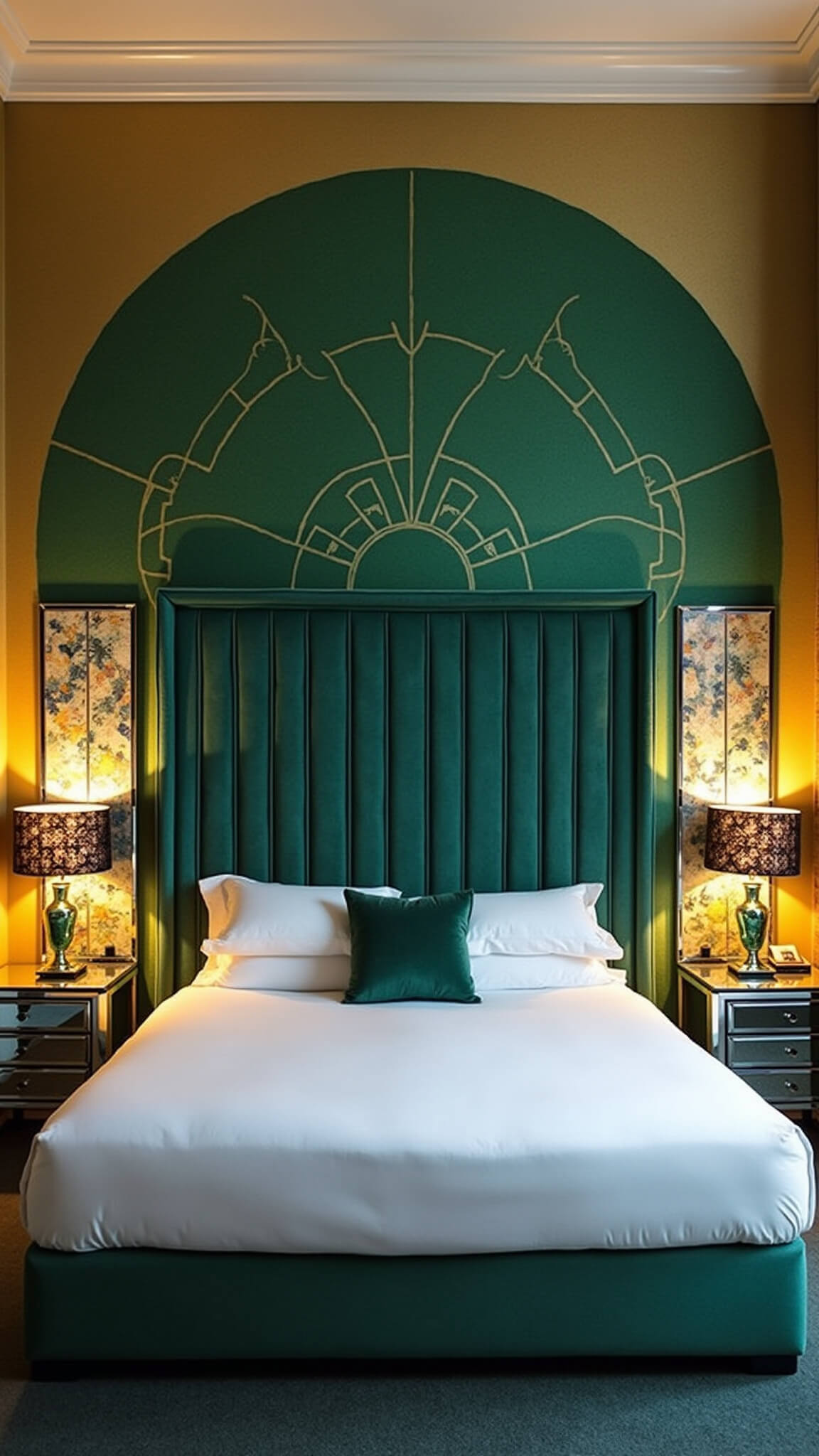 Art Deco bedroom with emerald accent wall featuring gold geometric pattern, tall velvet headboard, mirrored nightstands, chrome sconces, and abstract art panels.