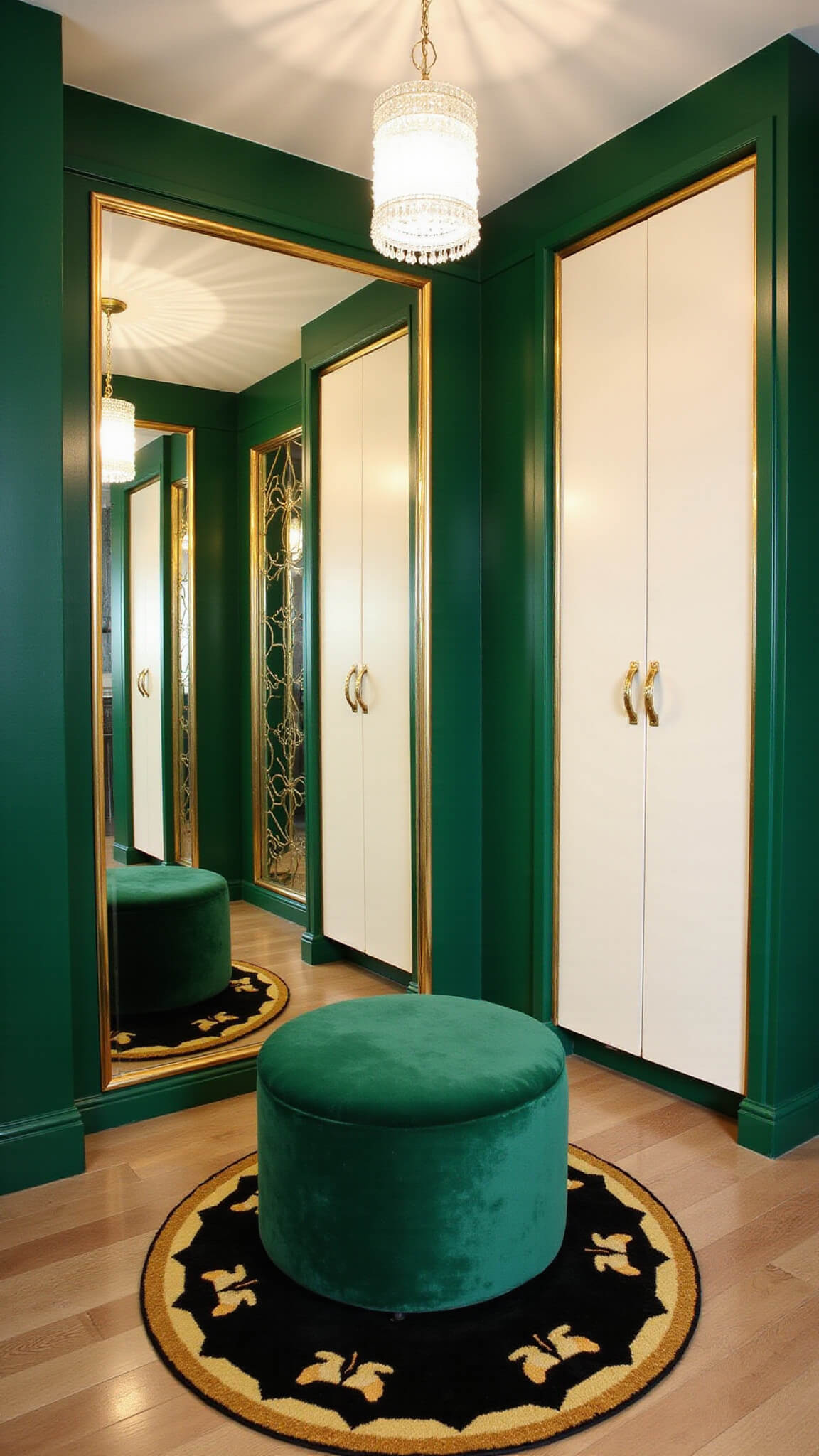 Art Deco dressing area with emerald green walls, mirrored panels with geometric overlays, cream lacquer wardrobes with gold hardware, crystal pendant light, circular black-gold-emerald rug, and emerald velvet ottoman.