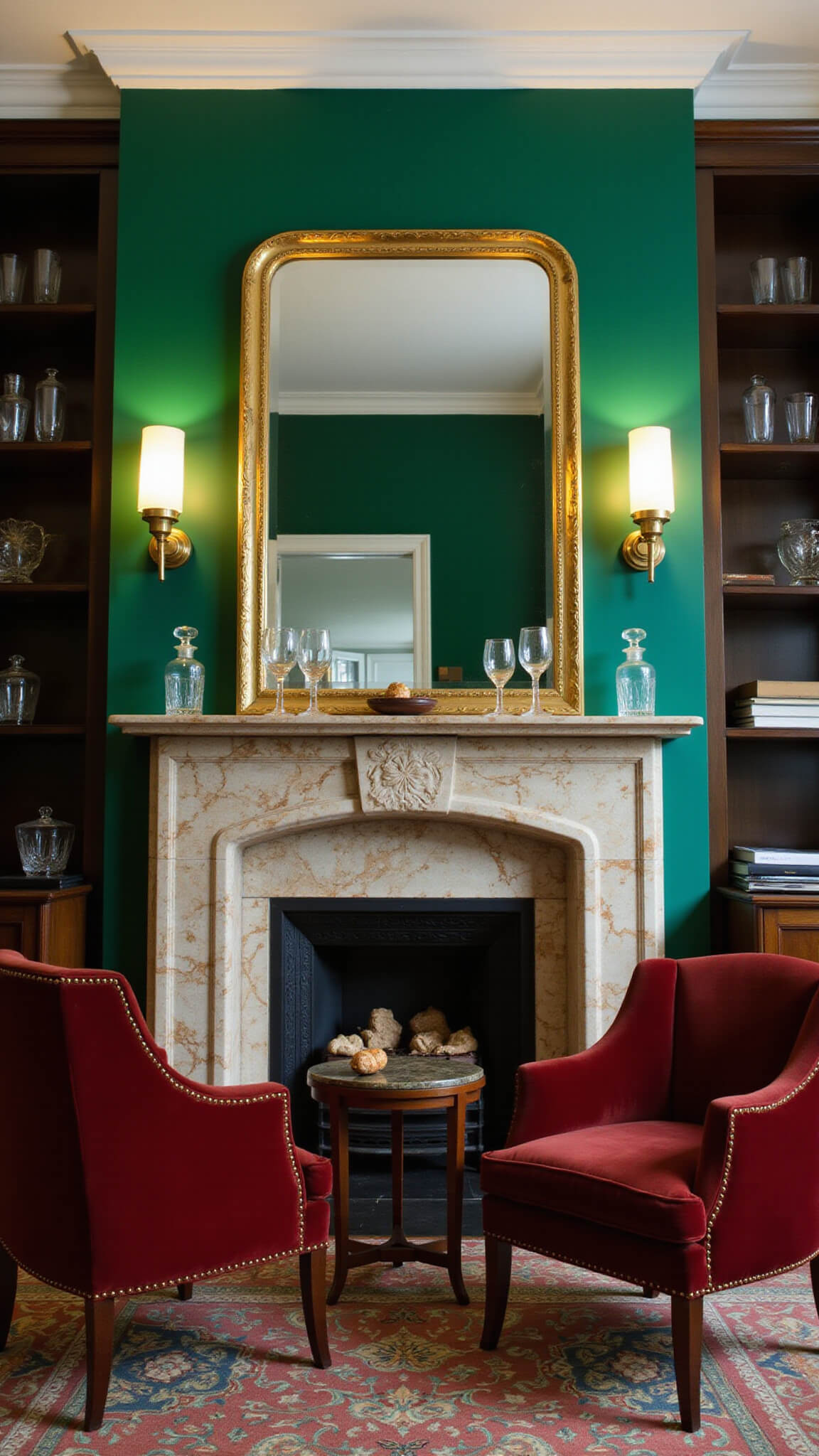 Art Deco fireplace with marble surround and geometric metalwork, flanked by dark built-in shelves; emerald green walls, gold-framed mirror, velvet chairs on geometric rug, and crystal decanters lit by dramatic side lighting.