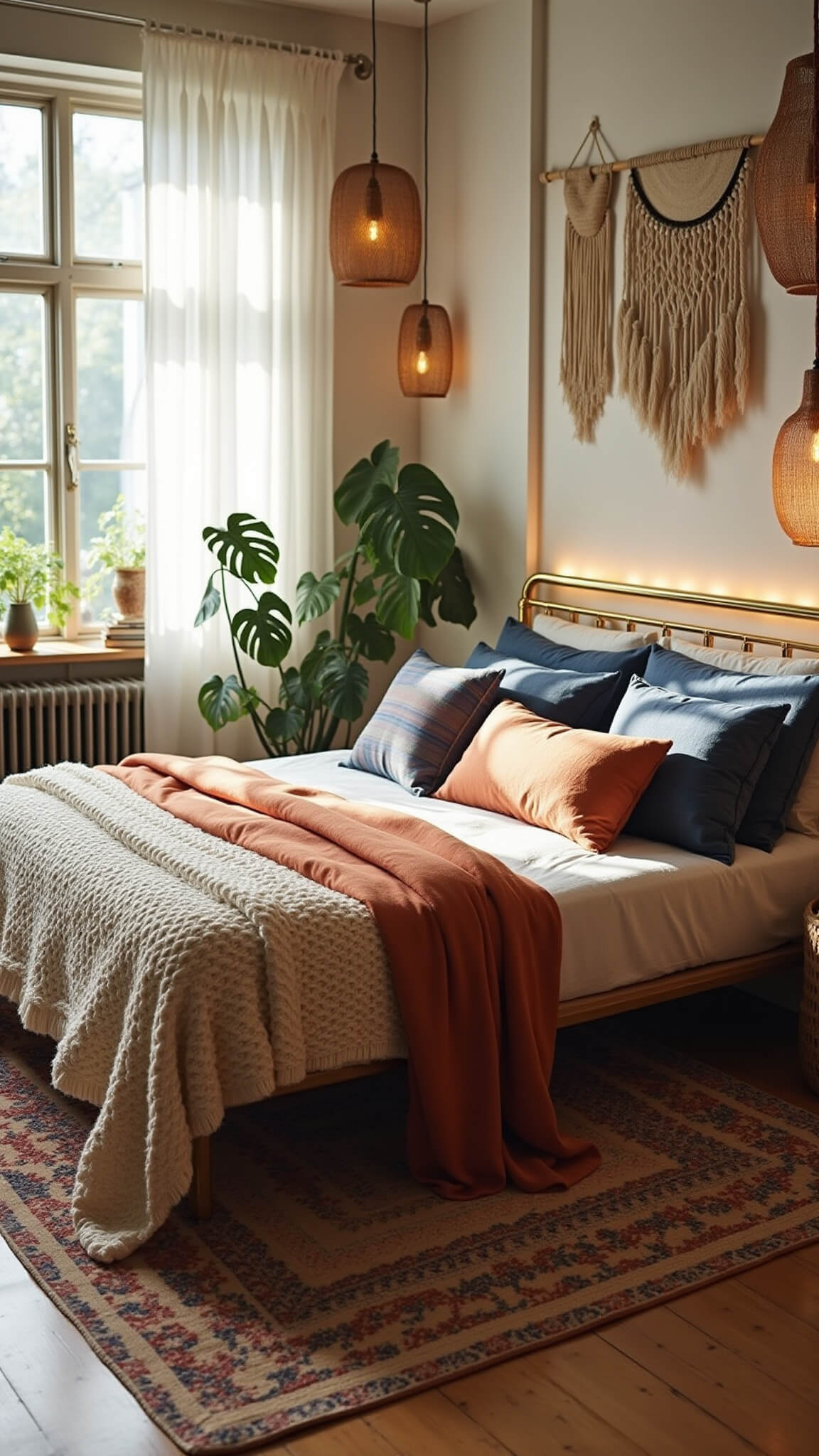 Boho bedroom with brass bed, earth-toned textiles, vintage rugs, and plants in warm morning light.