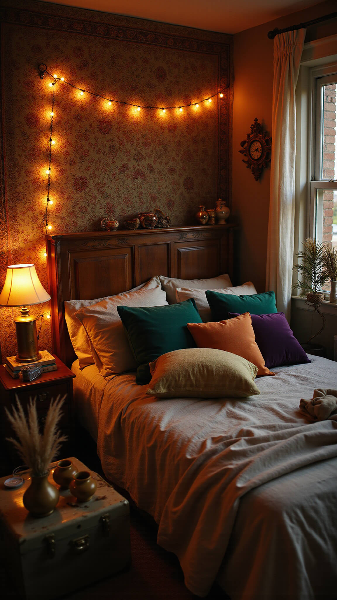 Boho bedroom at golden hour with jewel-toned velvet pillows on rumpled linen bedding, tapestry headboard lit by twinkling curtain lights, and vintage decor elements including a carved screen, brass lamp, trunk, and dried pampas grass.