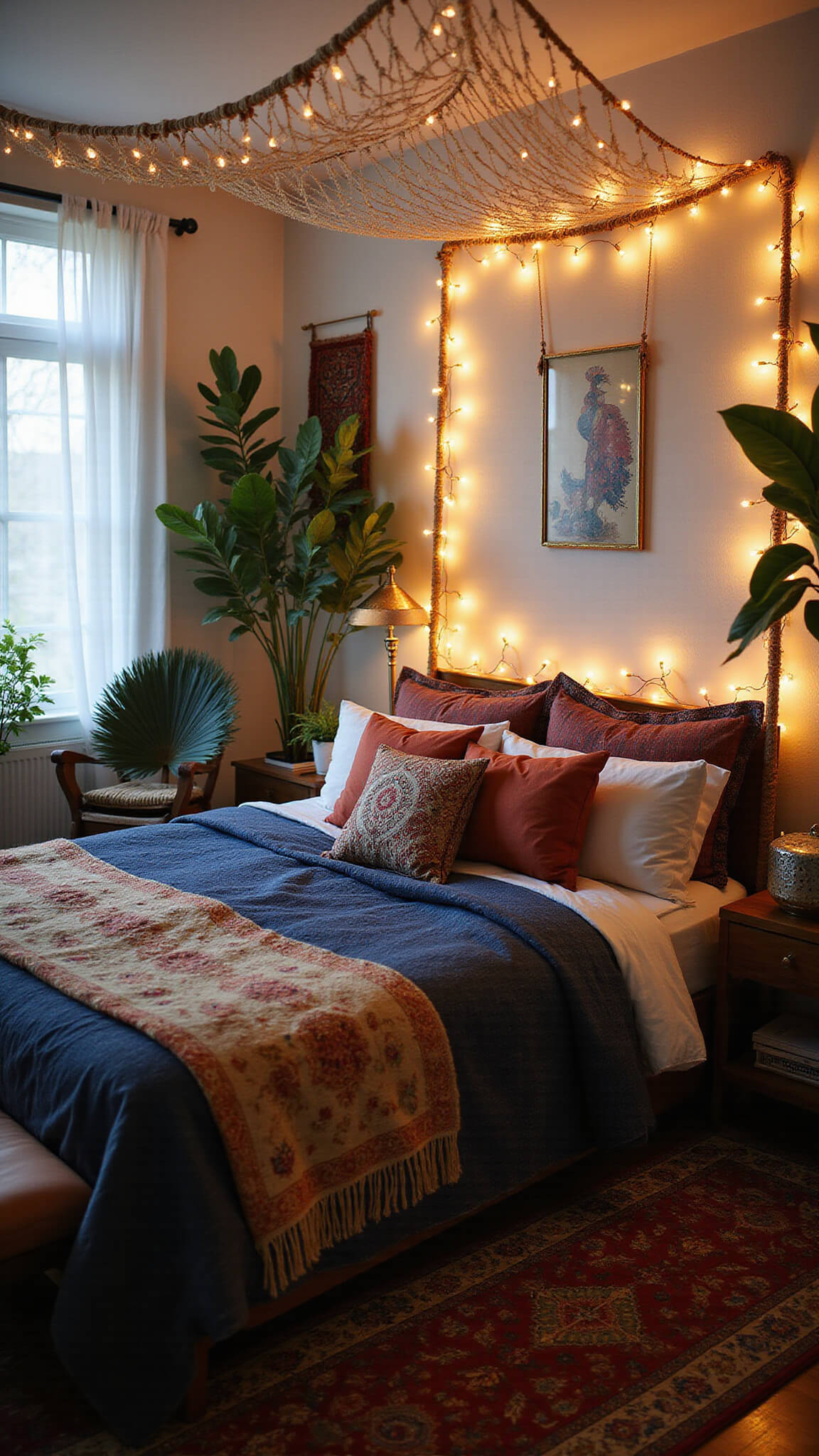 Boho bedroom with curtain lights, macrame canopy, layered rugs, vintage peacock chair, and lush plants at twilight.