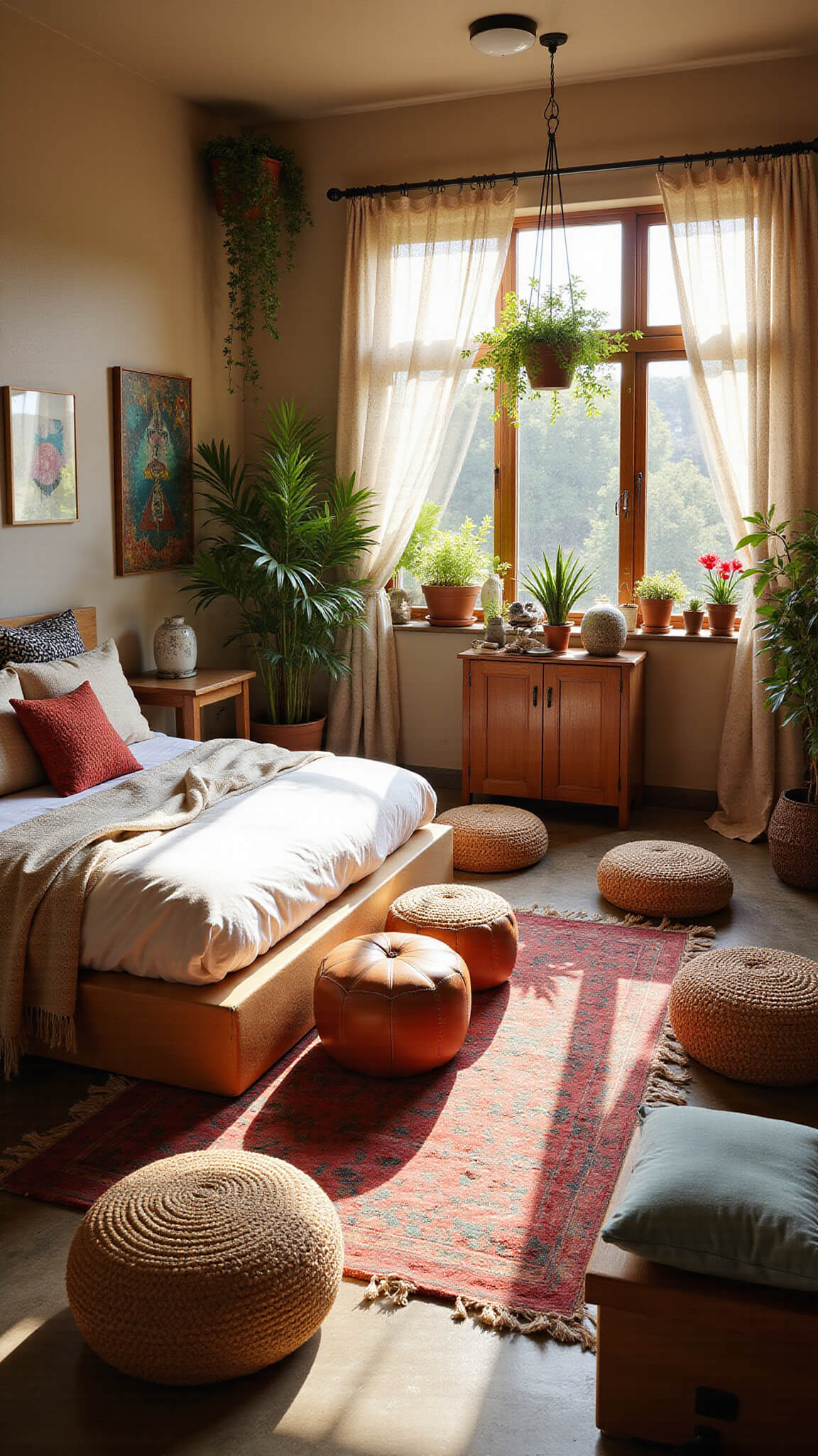 Overhead view of a cozy 10x12ft boho bedroom with a central low platform bed, surrounded by woven cushions, kilim poufs, and leather ottomans, illuminated by curtain lights and warm afternoon sunlight; featuring lush plants, global patterned textiles, and natural decor in desert hues with turquoise and coral accents.
