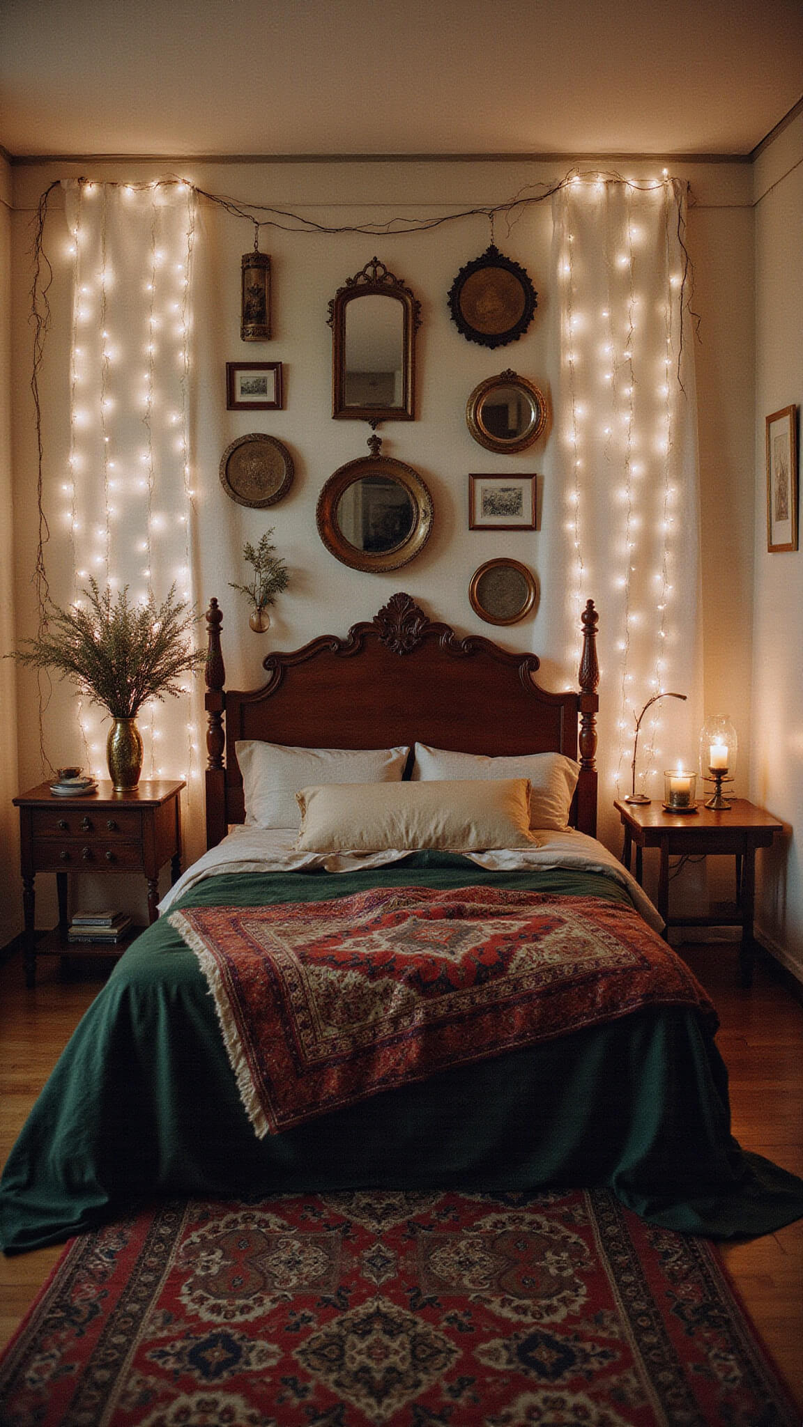 Moody 35mm photo of a boho bedroom at dusk with warm curtain lights, vintage mirrors, botanical prints, layered global textiles on a carved bed, brass lanterns, dried florals, and a Persian rug in jewel tones.