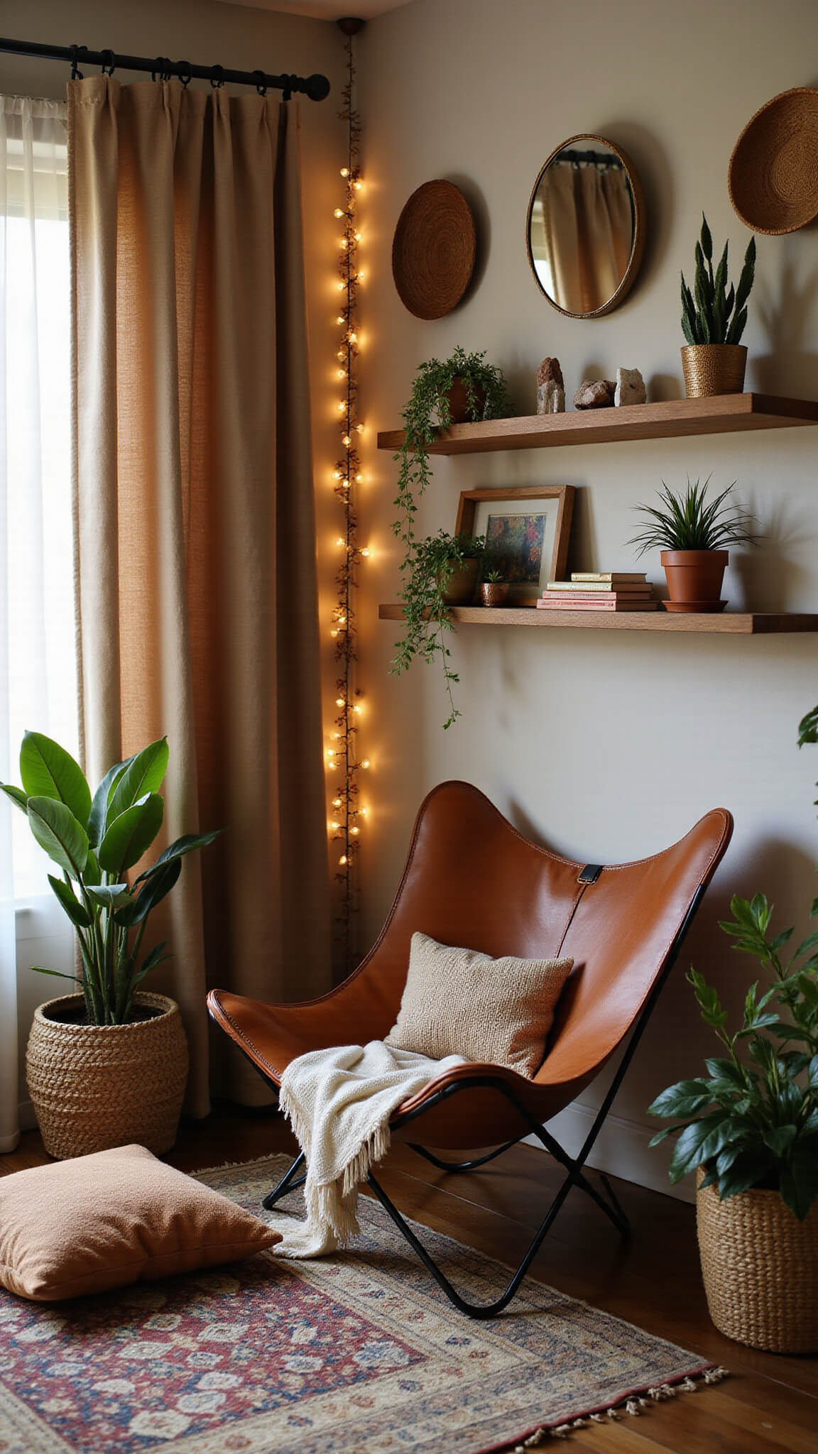 Cozy boho reading nook at golden hour with glowing curtain lights, a vintage leather butterfly chair, floating shelves with crystals and books, Moroccan pouf, layered rugs, hanging plants, and warm earthy tones.
