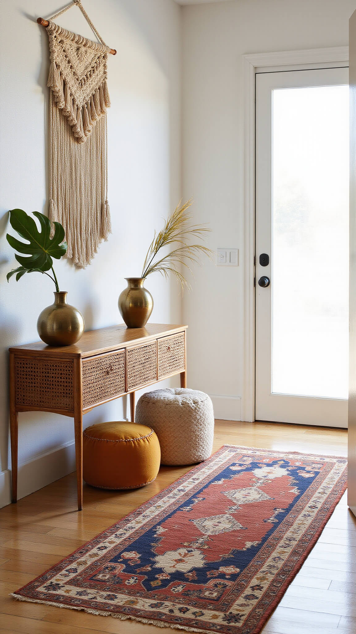 Bohemian entryway with whitewashed walls, oak floors, vintage Persian runner, rattan console, macramé wall art, and natural light streaming through frosted glass door.