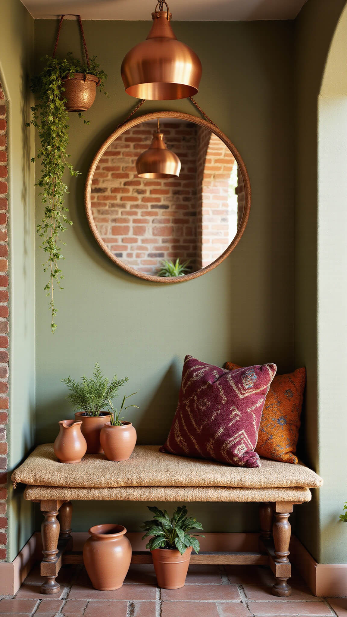 Cozy corner entryway nook with exposed brick and sage green walls, jute bench with Moroccan cushions, circular mirror, copper pendant light, trailing plants in terra cotta pots, and Turkish kilim pillows.