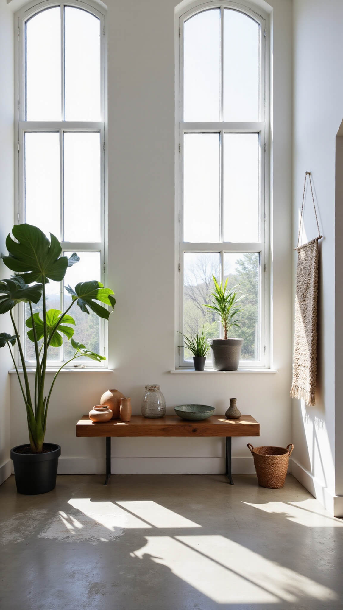 Minimalist boho foyer with tall cathedral windows, sleek concrete floors, floating wooden shelf with pottery, large monstera plant casting shadows, and neutral handwoven wall tapestry, viewed from above.
