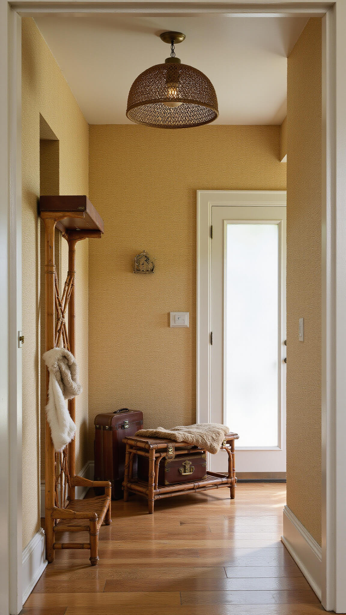 Warm, nostalgic entryway with beige grasscloth wallpaper, vintage bamboo coat rack, leather bench with sheepskin, and stacked suitcases under woven pendant light.