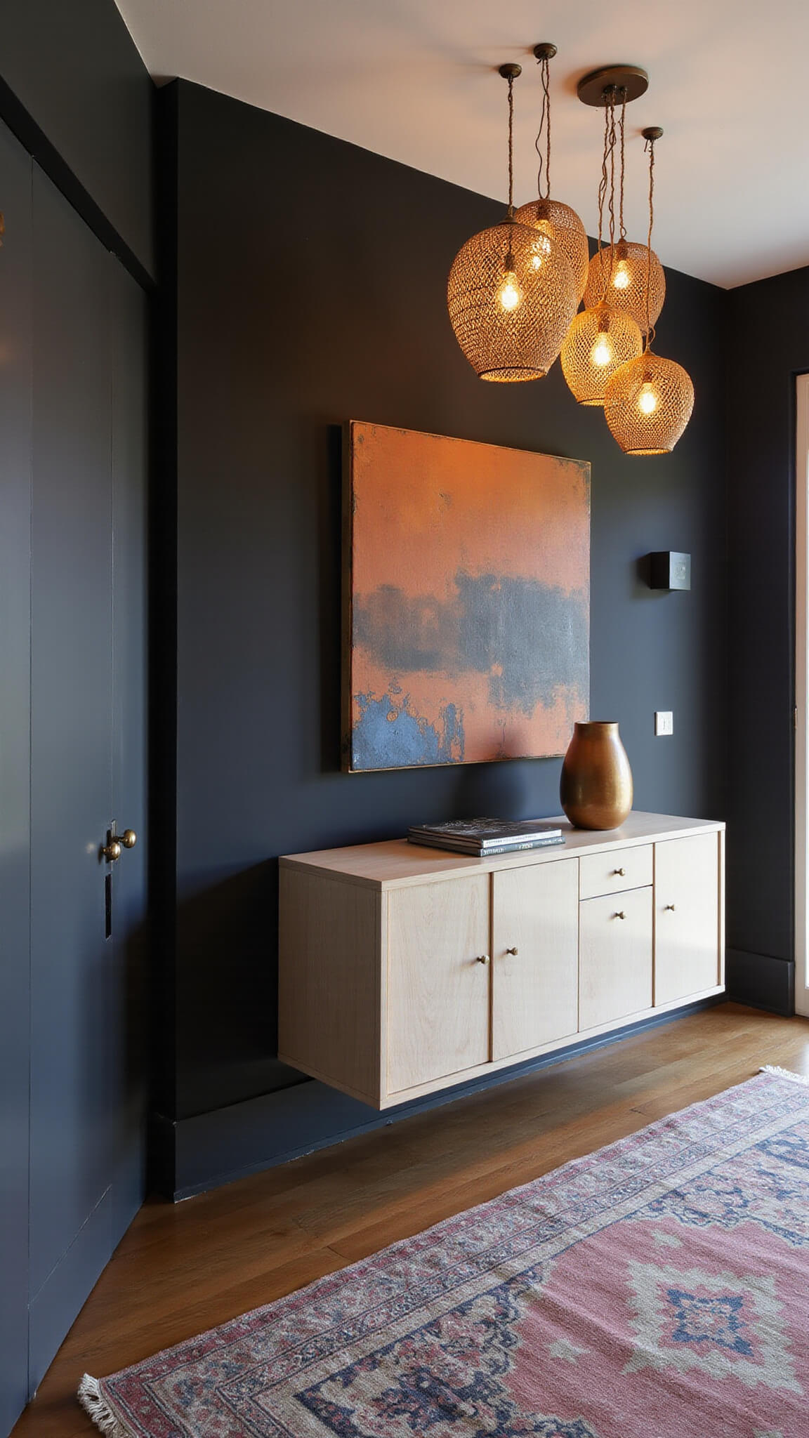 Modern bohemian entry hall with black accent wall, floating bleached oak credenza, abstract rust and indigo artwork, rattan pendant lights, and vintage Moroccan runner, viewed diagonally at dusk with layered lighting.