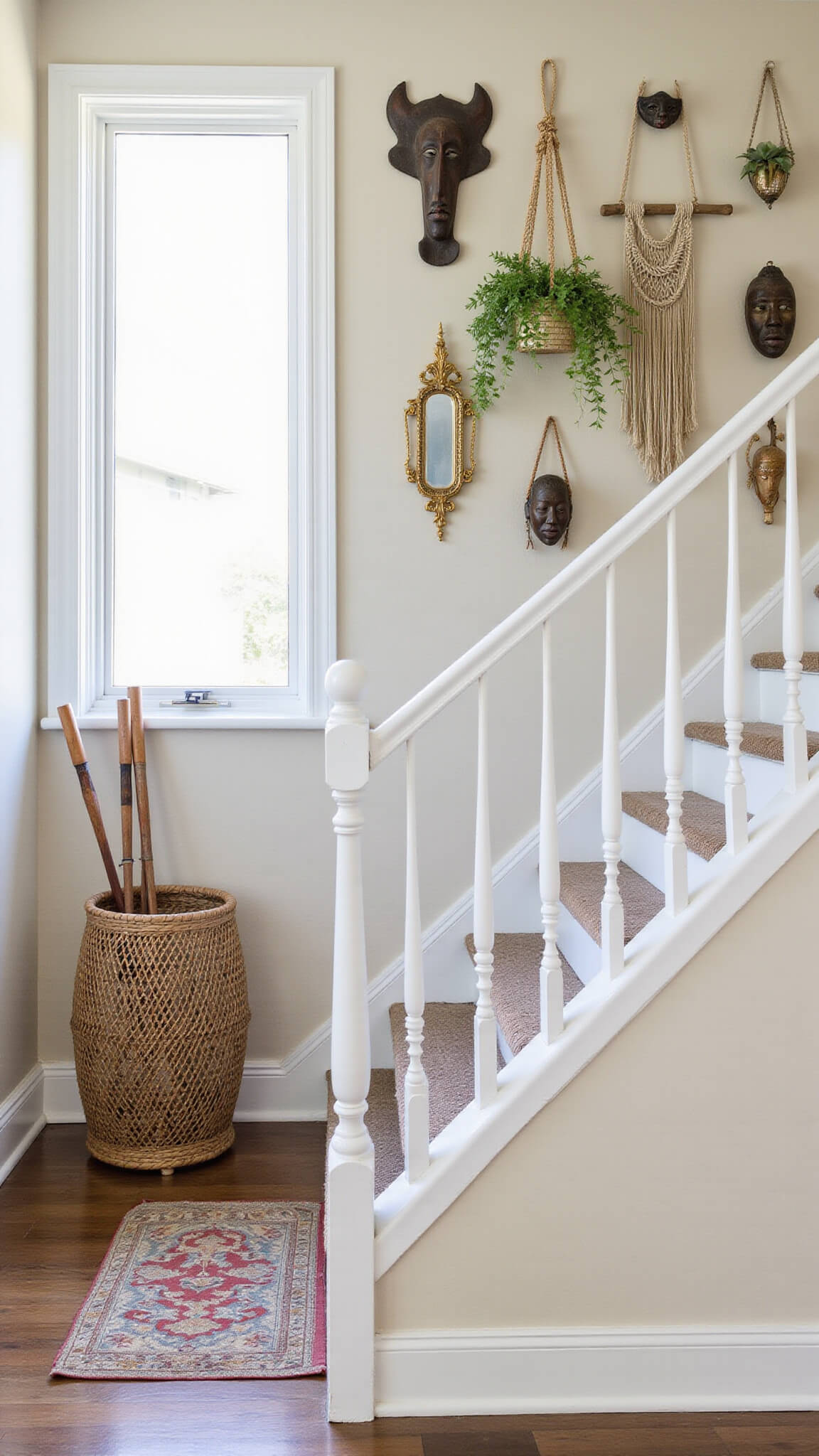 Split-level entryway with white oak stairs, vintage runner, brass accents, eclectic gallery wall of masks, mirrors, and macramé, hanging plants, and rattan umbrella stand with walking sticks in soft morning light.