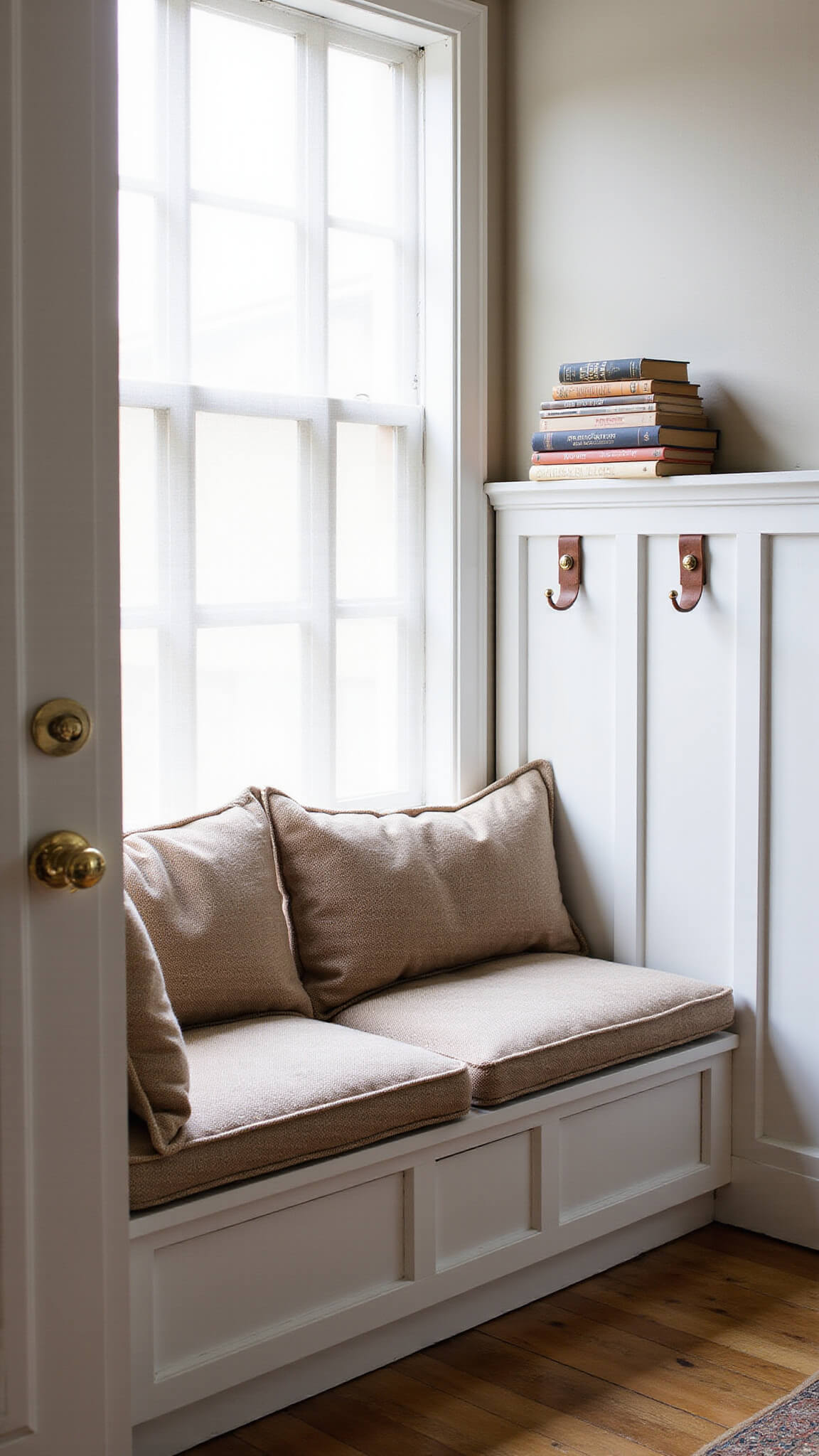 Compact urban entryway with floor-to-ceiling sheer curtains, built-in bench with mudcloth cushions, under-seat storage, brass and leather coat hooks, and stacked vintage art books as a side table in industrial bohemian style.