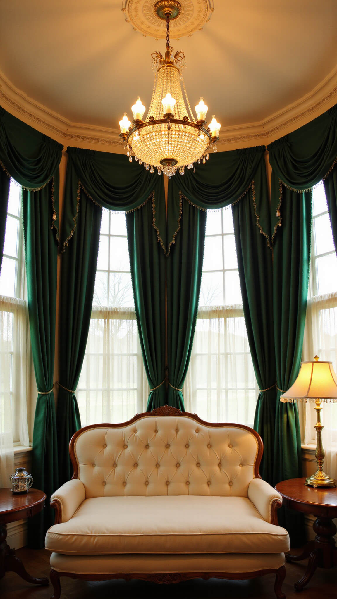 Elegant formal living room with emerald velvet curtains, cream tufted sofa, crystal chandelier, and ornate ceiling moldings at golden hour.