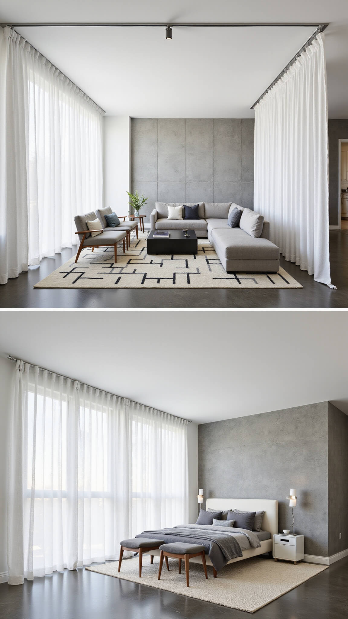 Modern open-concept living space with wall-to-wall white cotton ripple-fold curtains on brushed nickel track, minimalist grey and white furniture, geometric rug, and concrete accent wall.