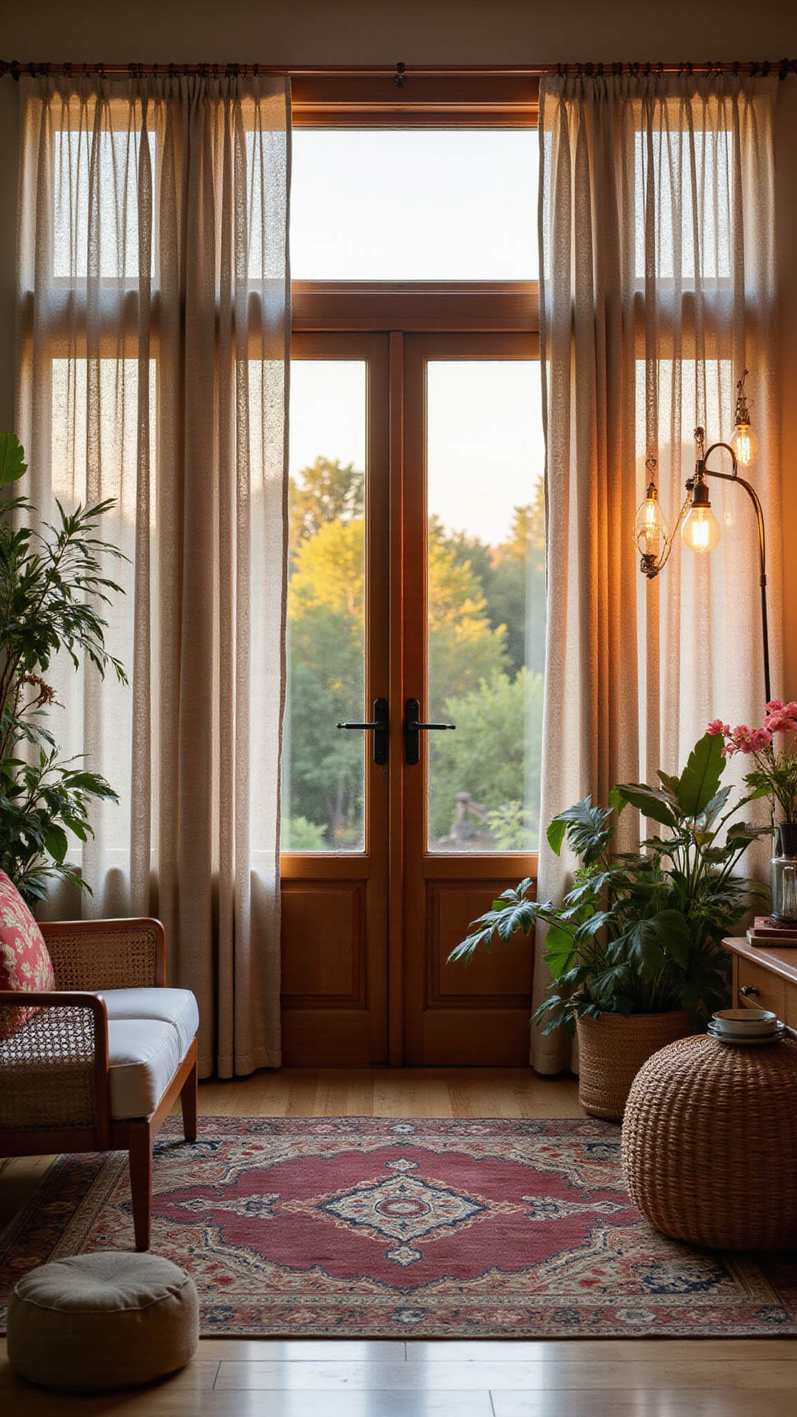 Bohemian 16x20ft living room at sunset with layered botanical sheer and neutral blackout curtains on copper rods, rattan furniture, vintage Persian rug, macramé wall hanging, abundant plants, and warm pendant lighting, shot at a Dutch angle.