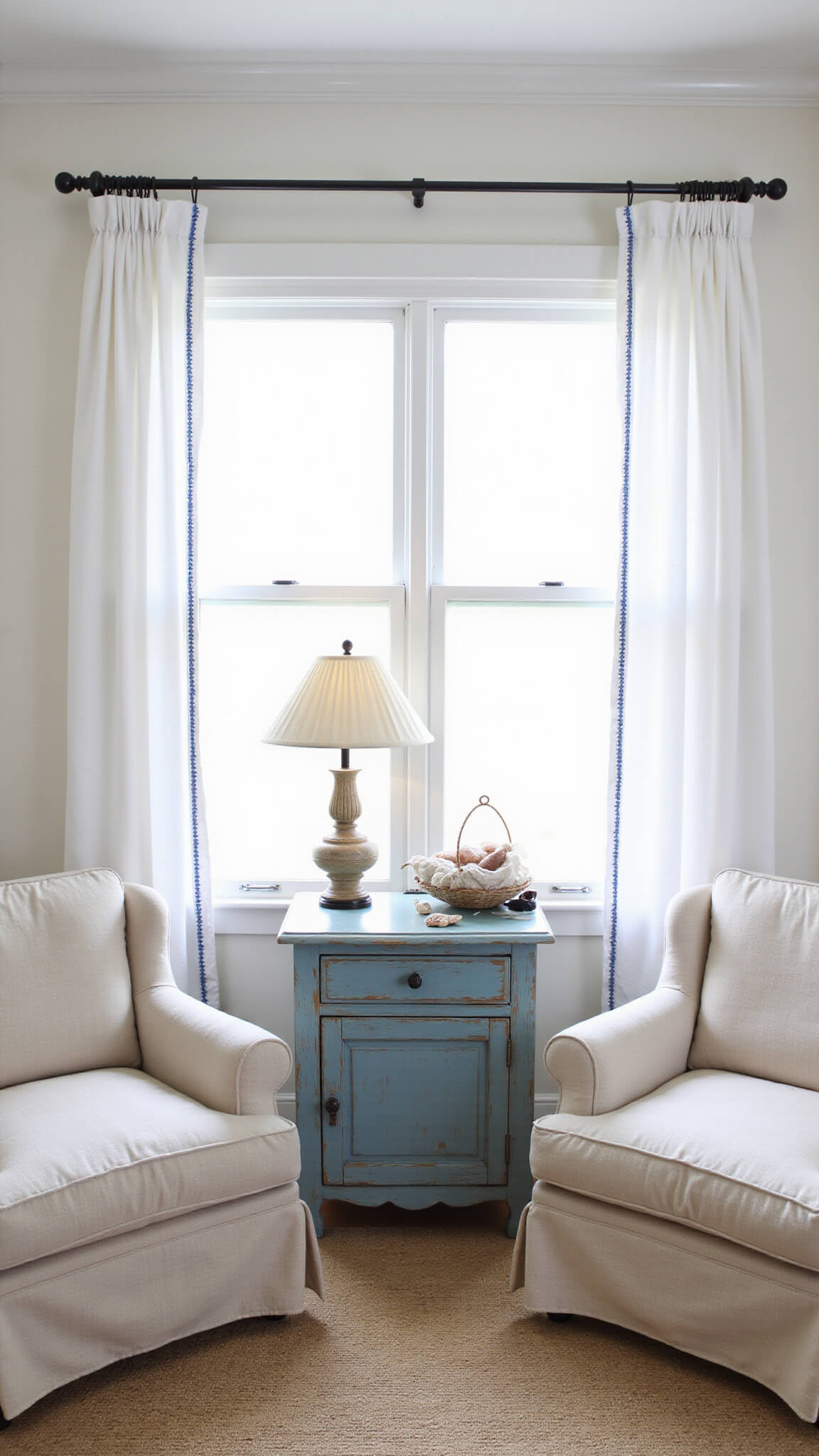 Coastal sitting room with white linen curtains blowing in breeze, slipcovered armchairs, distressed blue console, and sisal rug in natural morning light.