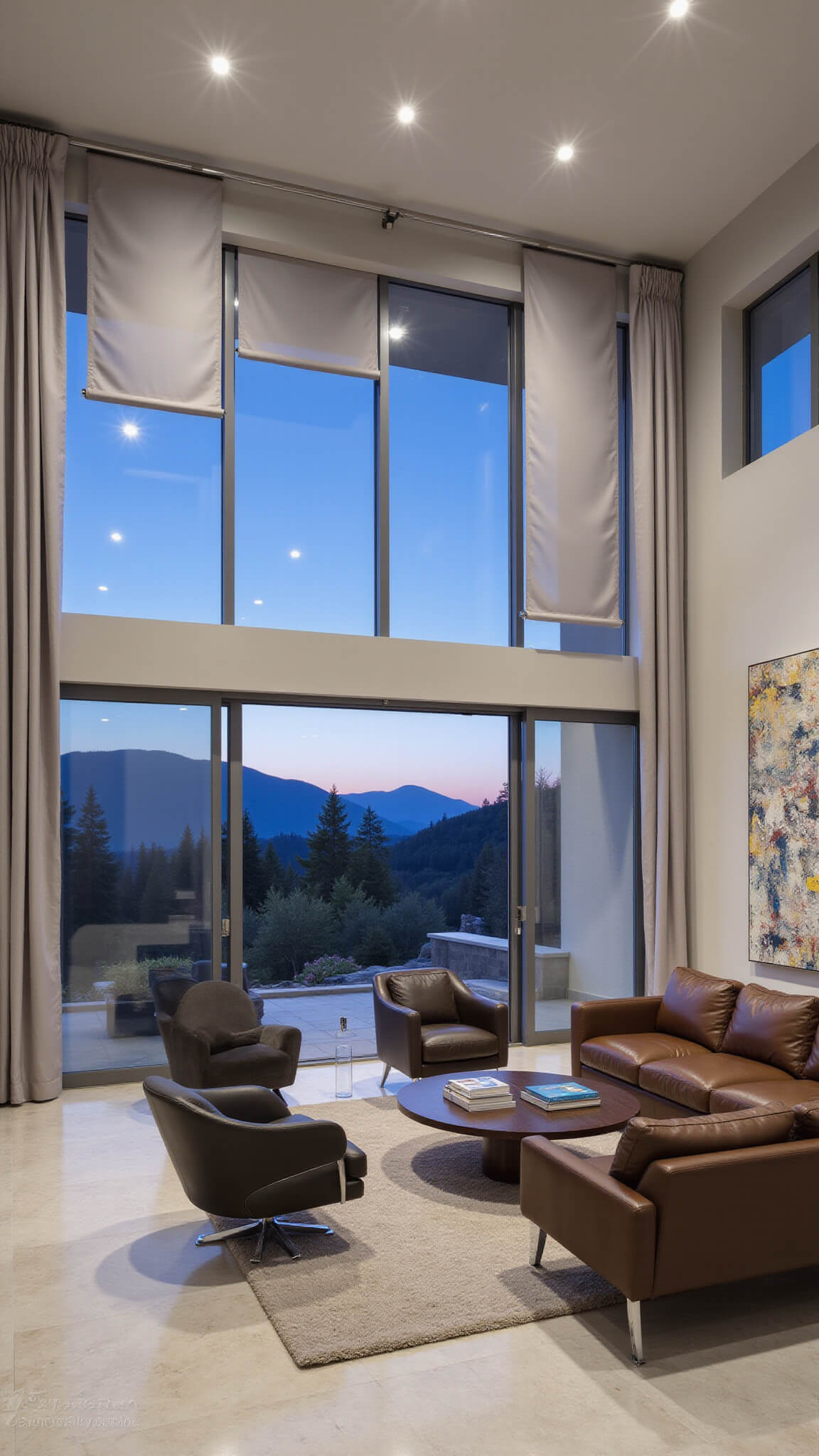Luxurious 22x24ft great room at dusk with pearl grey silk drapes framing mountain view, modern chrome and leather furniture on marble floor, abstract art wall, viewed from second-story overlook.