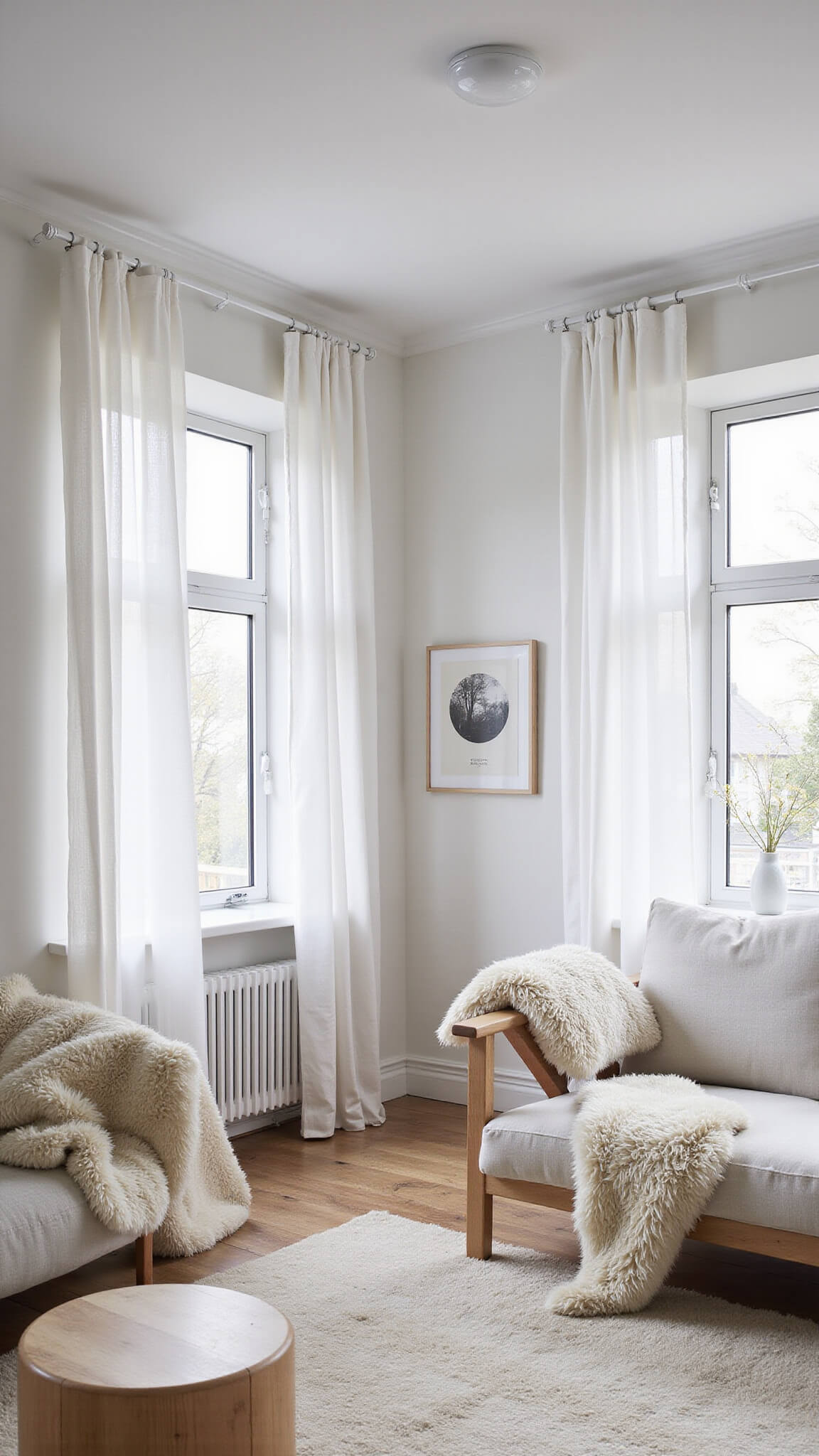 Scandinavian 16x18ft living space with light wood furniture, black steel-frame windows, sheer white striped curtains, and monochrome artwork in bright midday light.