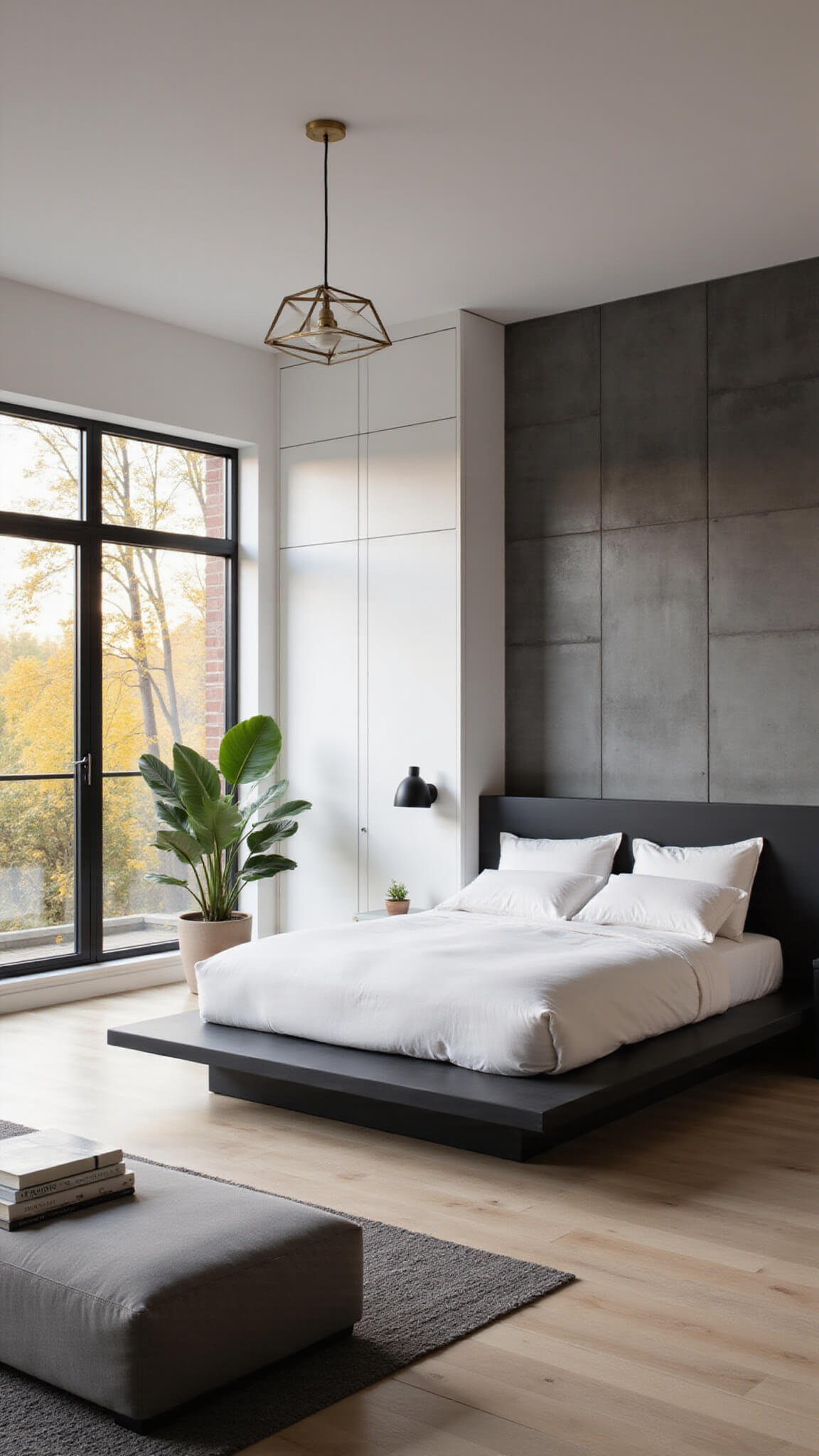 Modern minimalist bedroom with black platform bed, white linens, brass pendant light, and floor-to-ceiling windows; natural oak floors and concrete accent wall with white built-ins; styled with monstera plant and coffee table books.