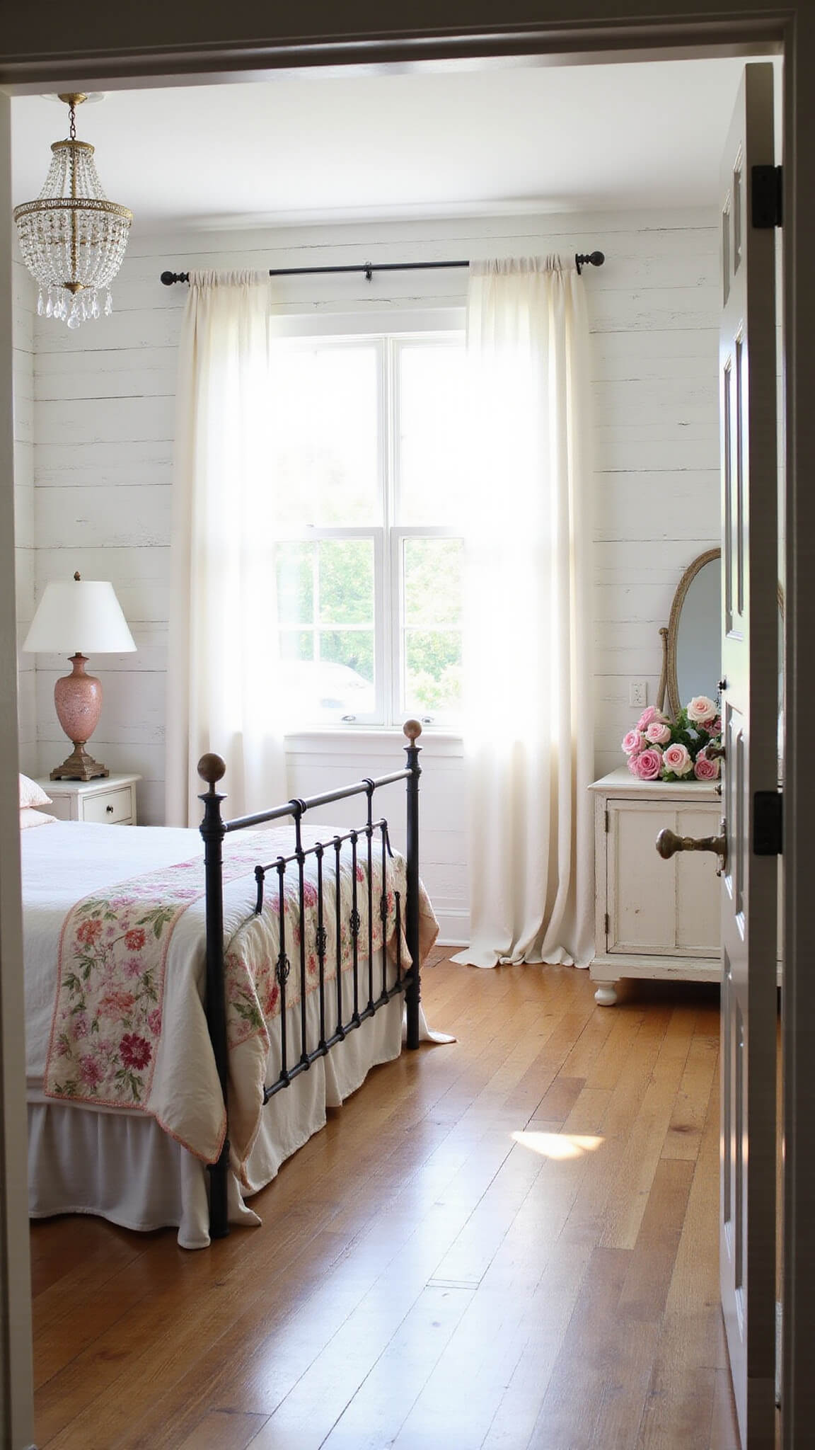 Shabby chic sunlit bedroom with iron bed, vintage linens, whitewashed shiplap walls, and antique dresser with roses.