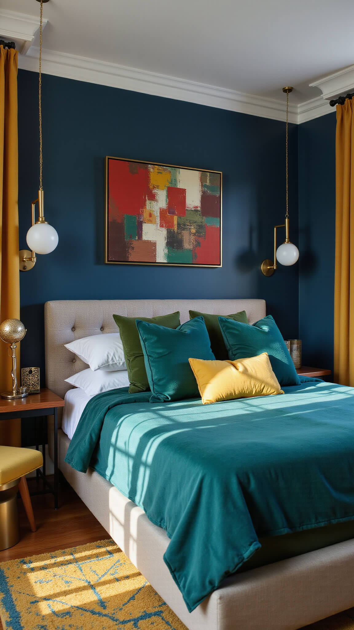 Contemporary 15x18ft bedroom with navy accent wall, emerald velvet bed, jewel-toned decor, and layered lighting under a 10ft trayered ceiling.