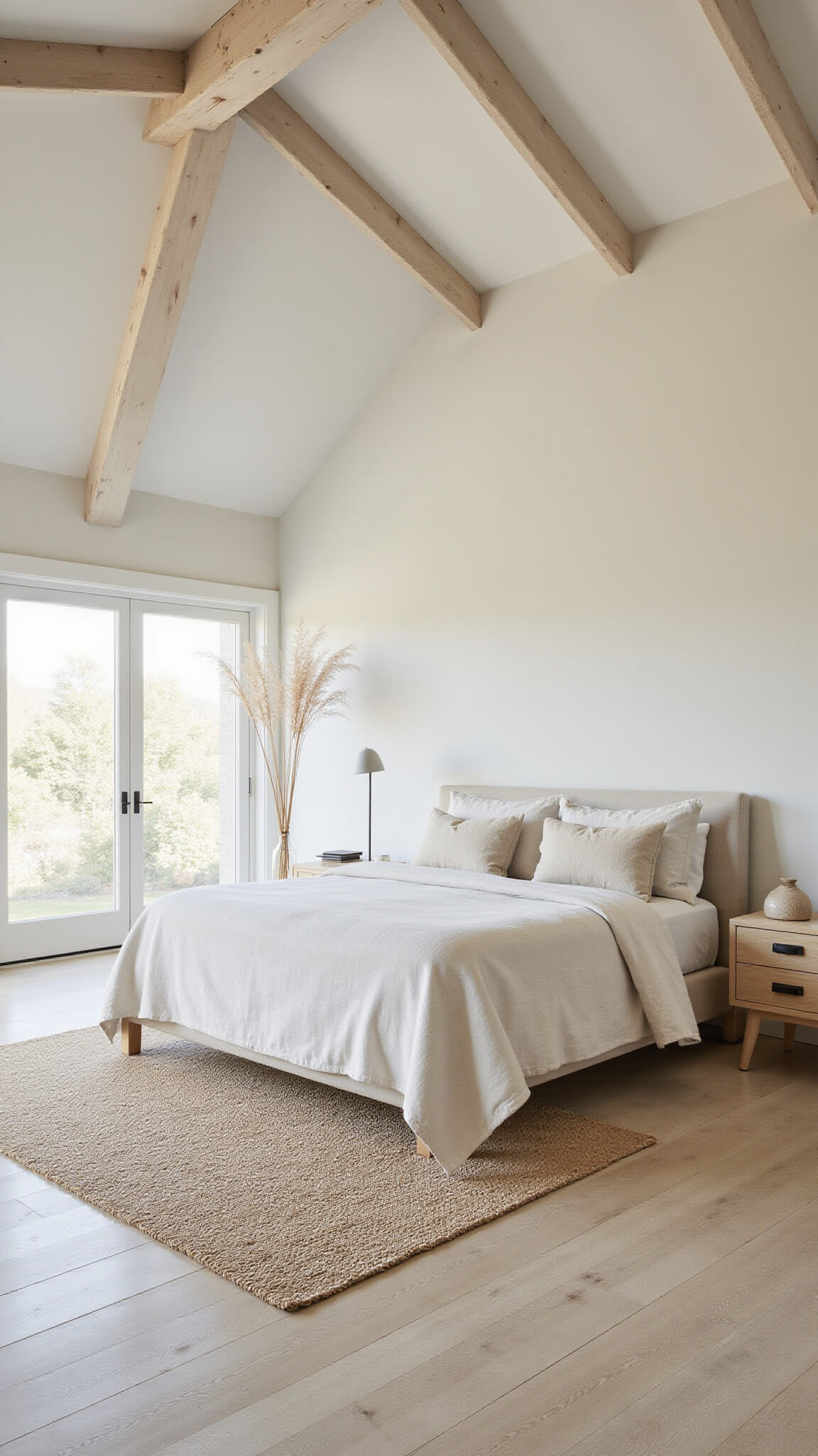 Serene 16x16ft primary bedroom with vaulted ceiling, white oak beams, Belgian linen bed, panoramic windows, and natural-toned decor.