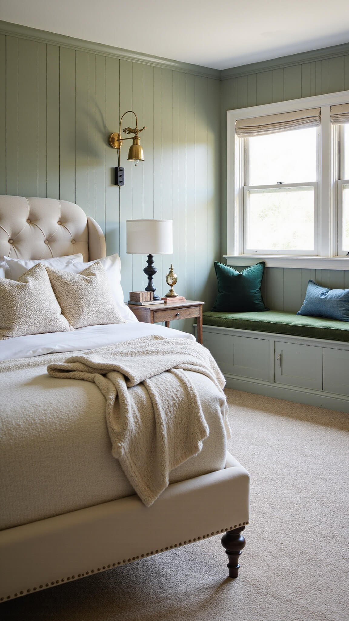 Cozy 12x12ft sage green bedroom with channel-tufted cream bouclé bed, chunky knit throws, built-in velvet window seat, brass decor, and dusk wall sconce lighting.