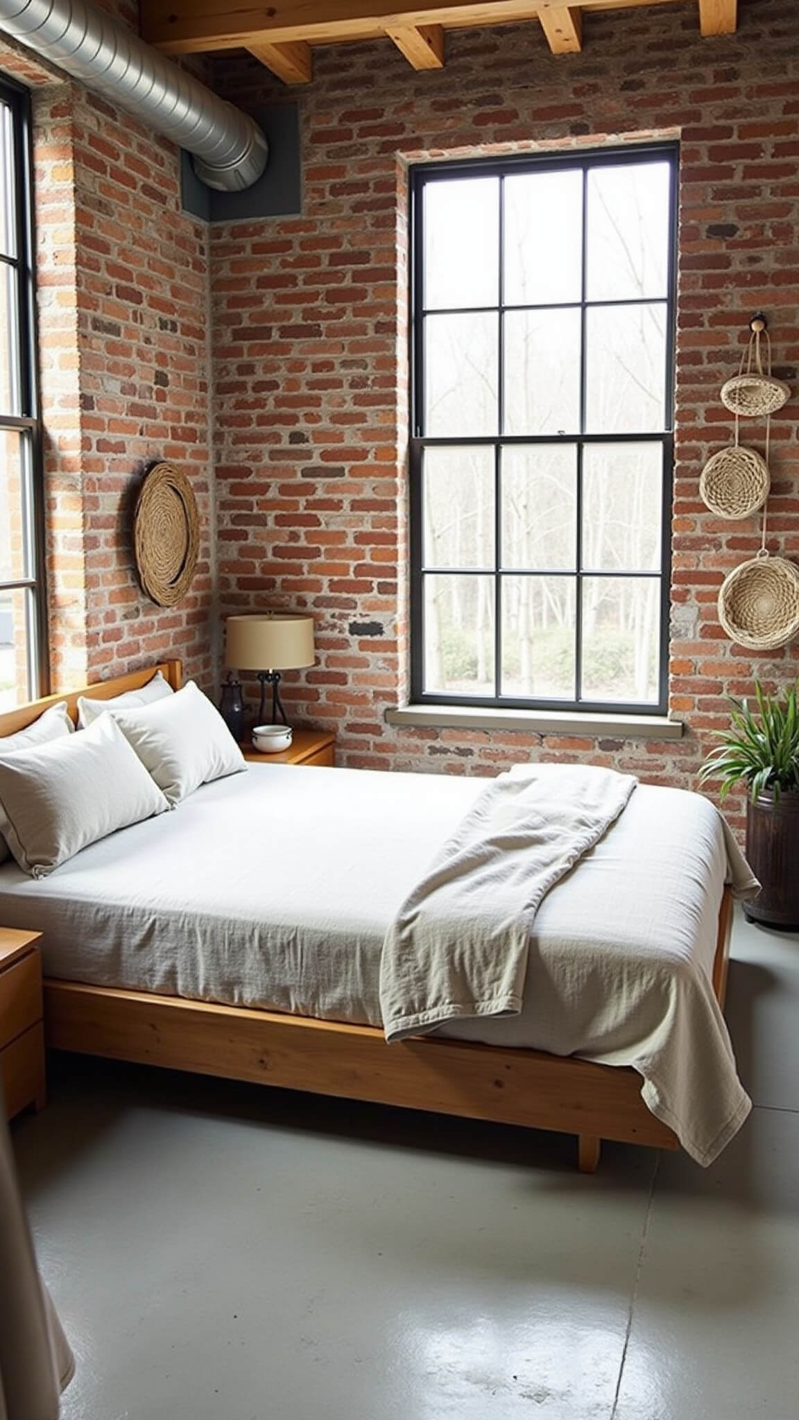 Cozy artisan retreat with reclaimed wood bed, brick wall, timber beams, and handmade decor in natural tones, bathed in mid-morning light.