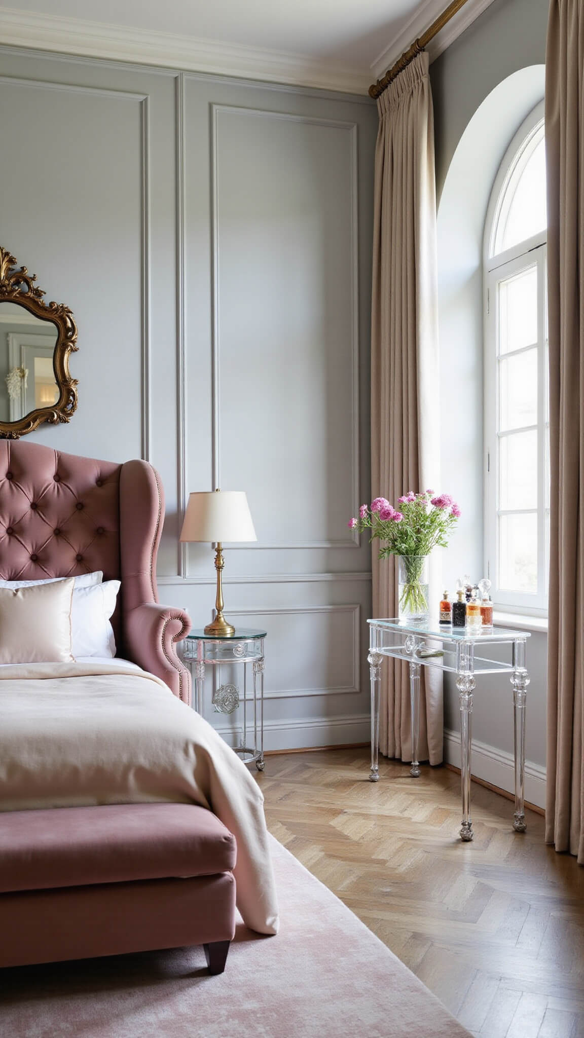 Glamorous 15x17ft Hollywood Regency bedroom with blush velvet tufted bed, pearl grey paneled walls, crystal sconces, and silk drapery on herringbone floors.