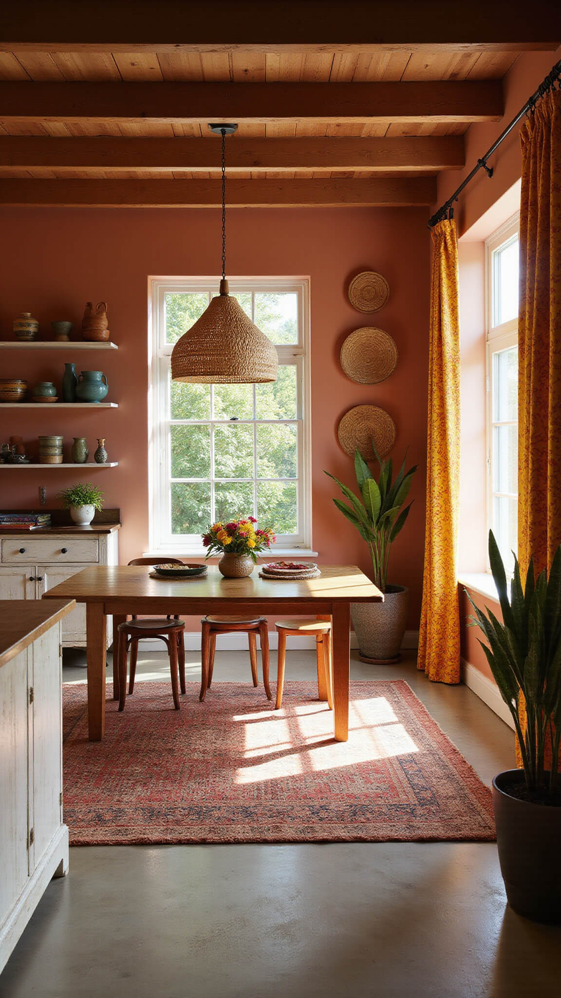Sunlit rustic kitchen with terracotta walls, exposed beams, earthy ceramics, and Ankara-print curtains; morning light highlights a jute rug under a wooden table.
