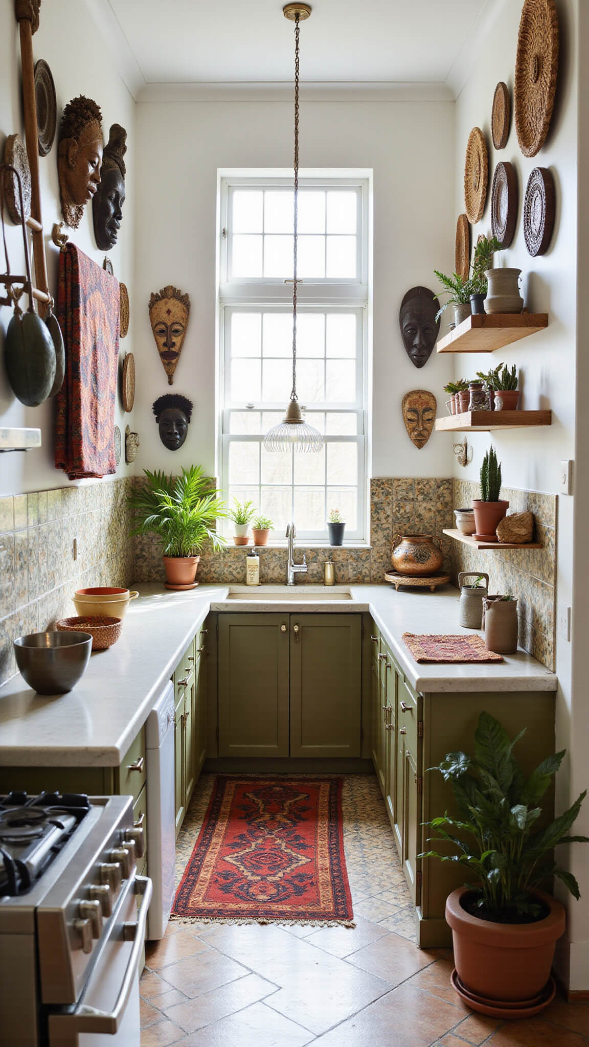 Wide-angle view of bohemian galley kitchen with African masks, patterned decor, copper cookware, and potted palms in mid-afternoon light.