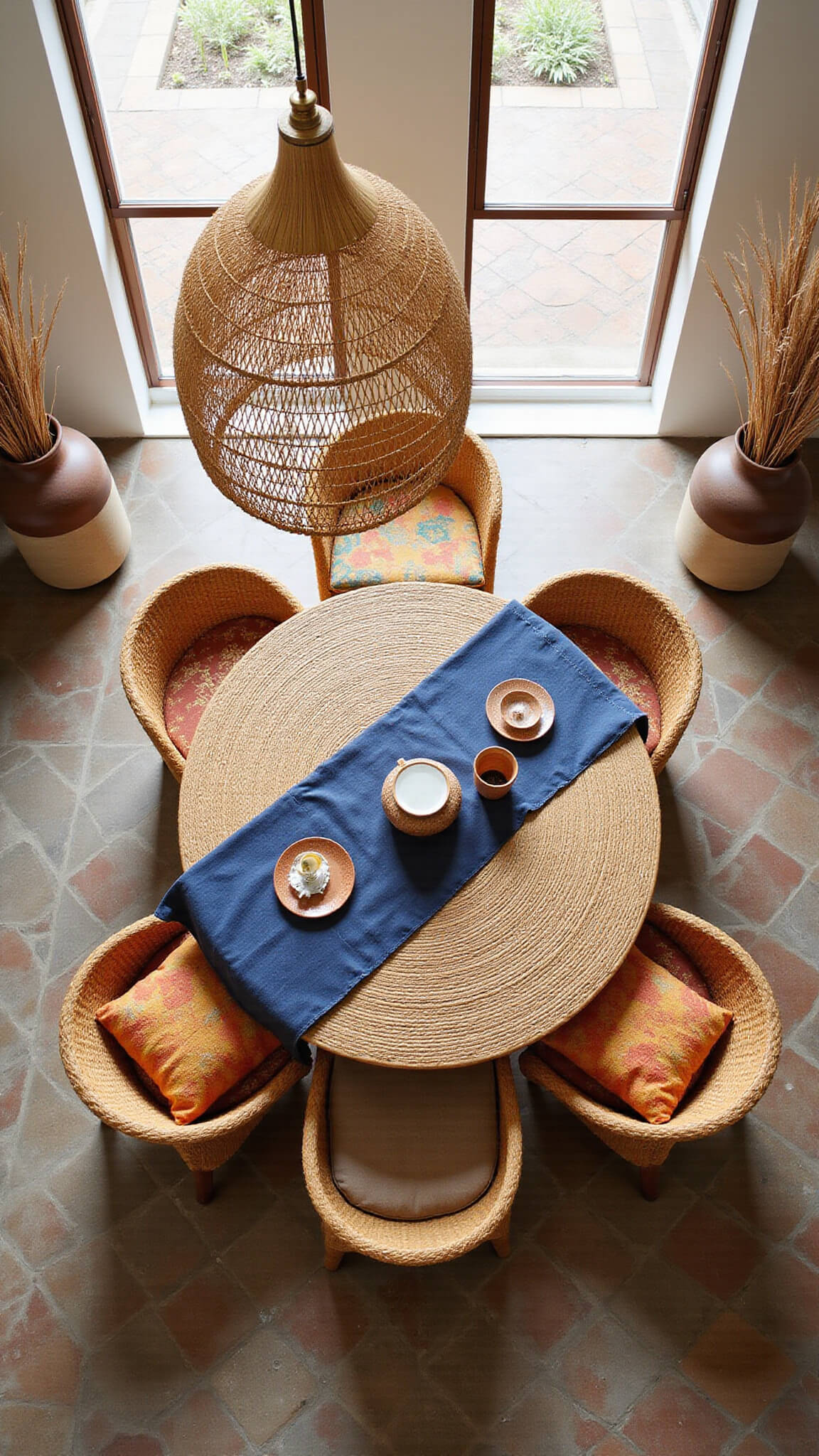 Bird's eye view of a sunlit kitchen nook with a round rattan table covered in indigo mud cloth, surrounded by mismatched chairs with burnt orange and mustard cushions, geometric earth-toned tile floor, woven pendant casting shadows, and ceramic vessels with dried palm fronds in the corners.