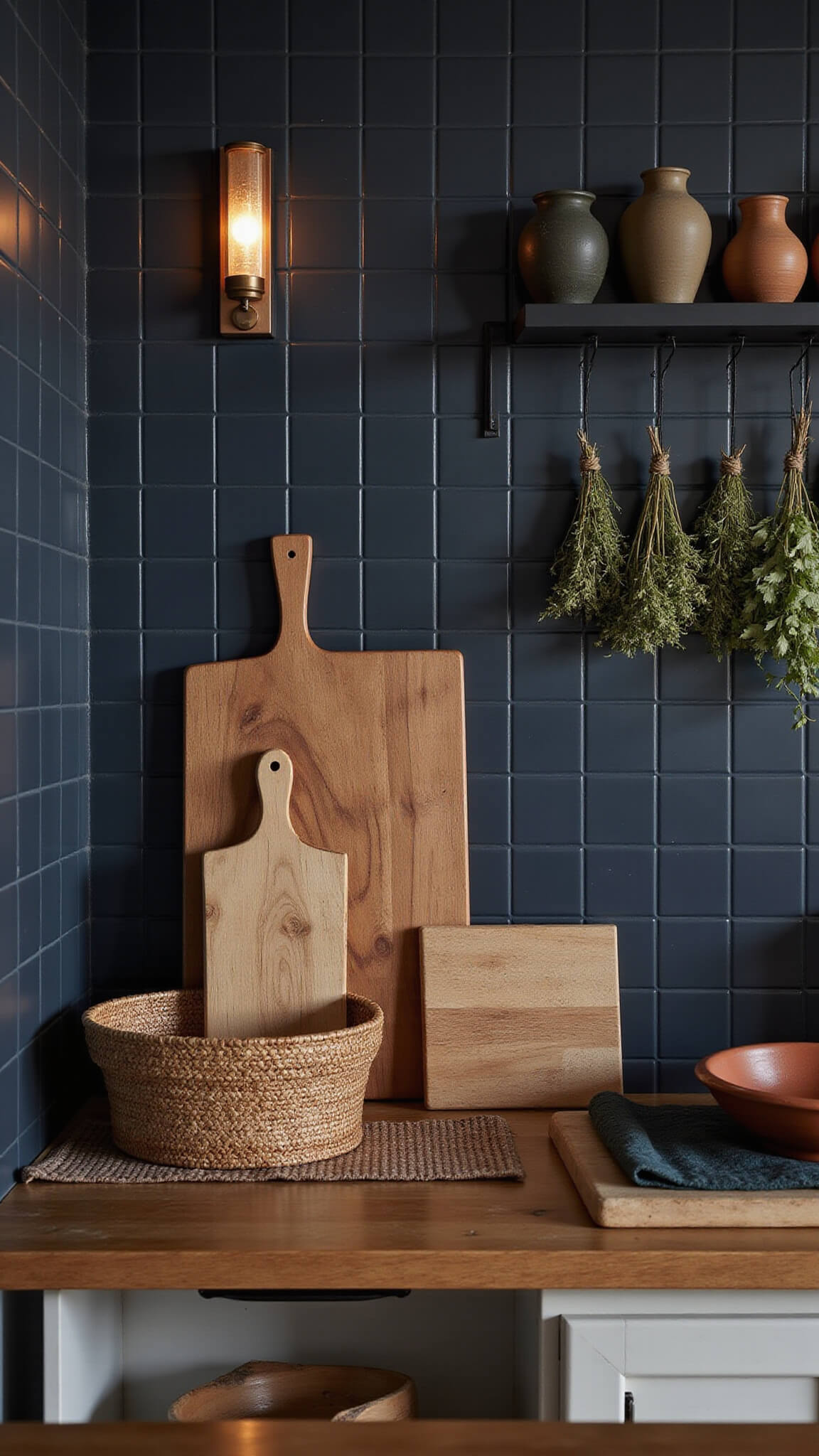 Moody dusk kitchen scene with warm sconce lighting highlighting wooden boards, navy tile backsplash, woven baskets, dried herbs, and handcrafted pottery.