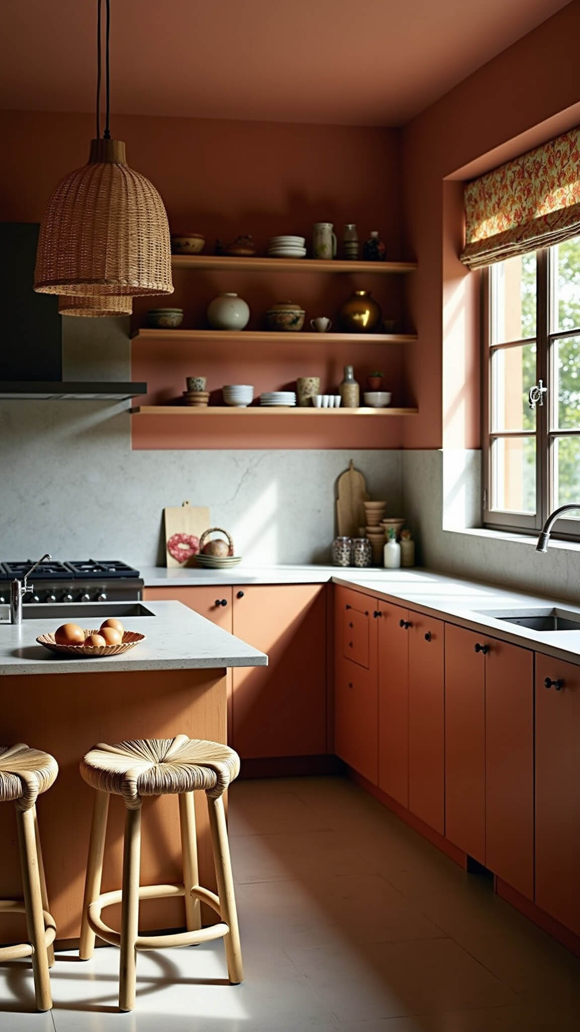 Rustic kitchen with concrete breakfast bar, vintage rattan stools, woven pendant lights, handmade ceramics on open shelves, and dappled morning light on terracotta walls.