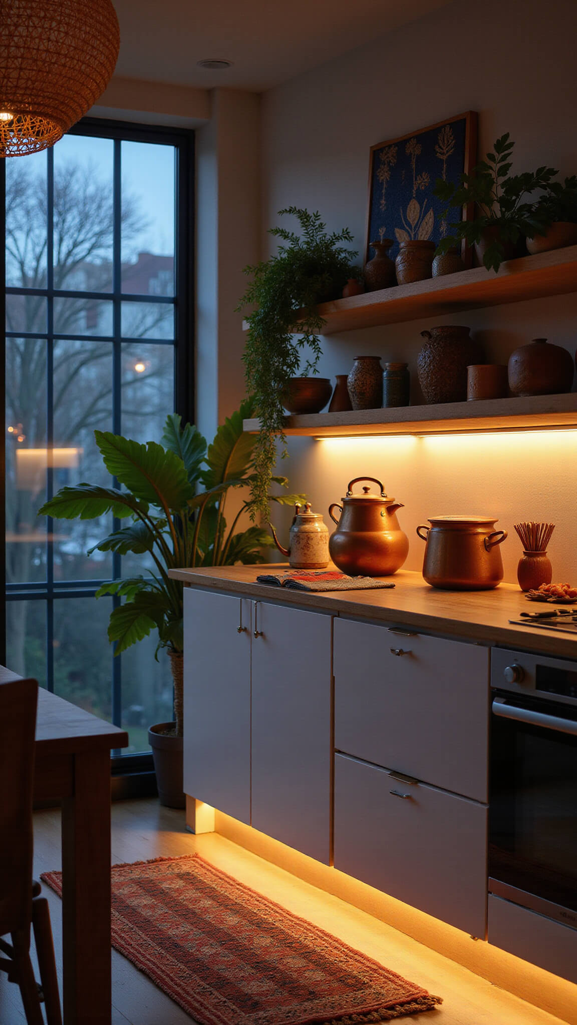 Twilight kitchen with warm under-cabinet lighting highlighting copper cookware and pottery, city lights visible through a large window, silhouetted indoor plants, and rattan fixtures casting shadows on white walls adorned with indigo and burnt orange textile art.