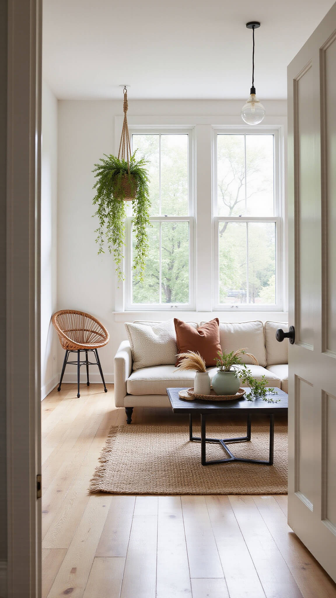 Serene living room with cream sofa, jute rug, sunlight on oak floors, and natural decor elements.
